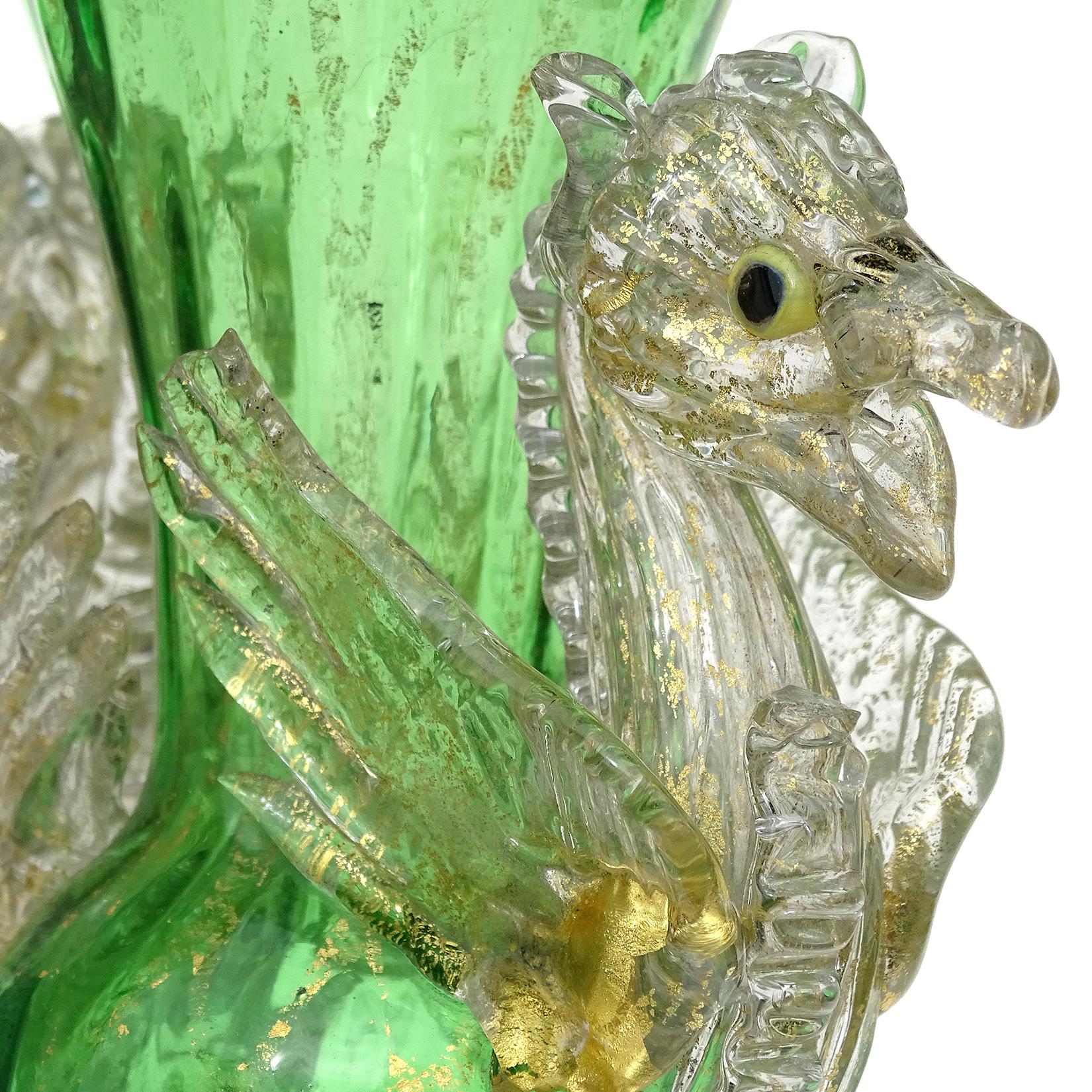 Venetian Antique Ornate Green Gold Flecks Pegasus Italian Art Glass Flower Vase 2