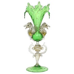 Venetian Antique Ornate Green Gold Flecks Pegasus Italian Art Glass Flower Vase