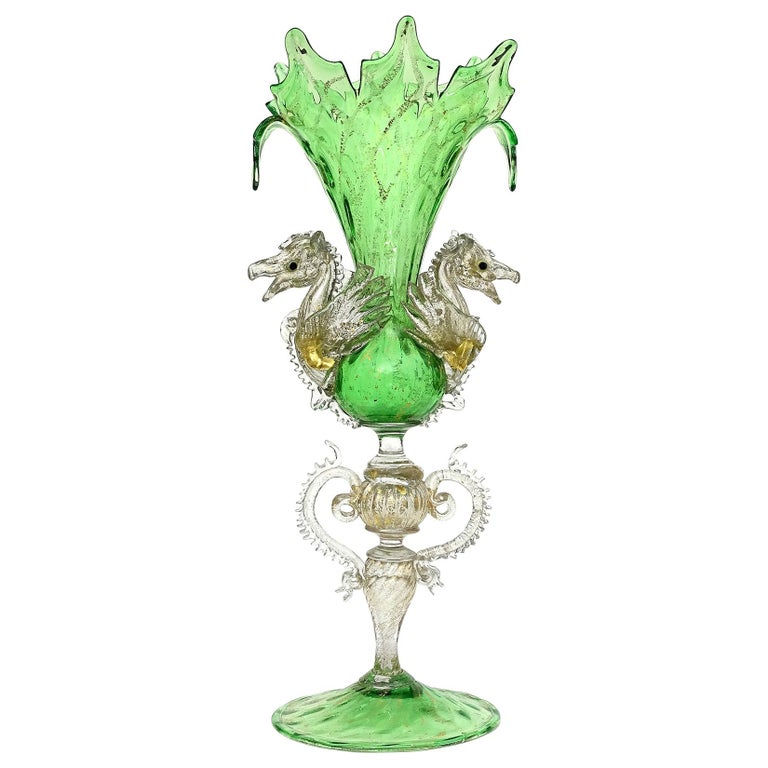 Venetian Antique Ornate Green Gold Flecks Pegasus Italian Art Glass Flower Vase For Sale