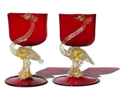 Venetian Antique Ruby Red Gold Flecks Crane Italian Art Glass Place Card Holders