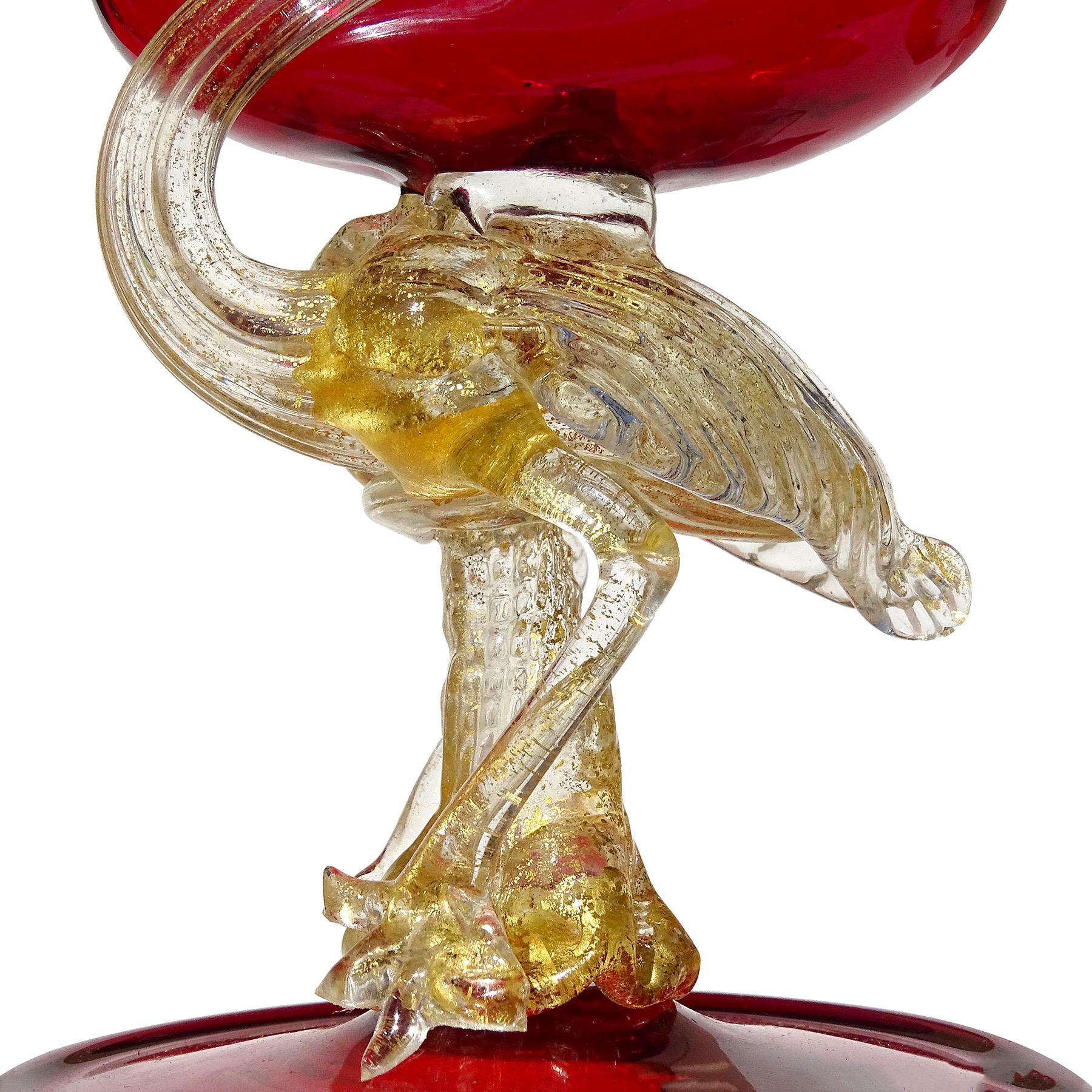 Portavasos Veneciano Antiguo Rojo Rubí Motas Doradas Grulla de Vidrio Artístico Italiano en venta 1