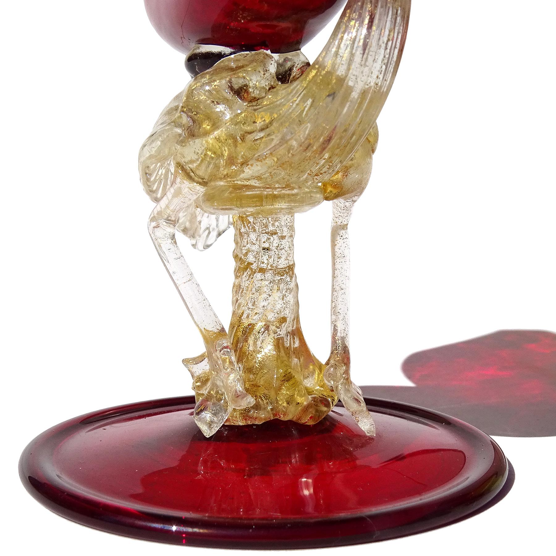 Portavasos Veneciano Antiguo Rojo Rubí Motas Doradas Grulla de Vidrio Artístico Italiano en venta 2