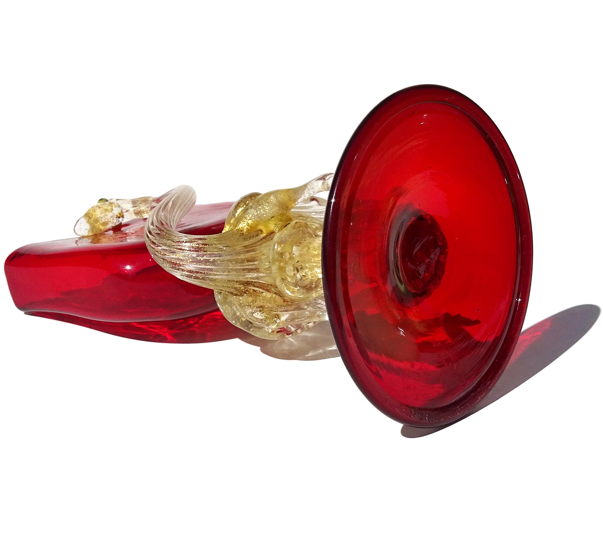 Portavasos Veneciano Antiguo Rojo Rubí Motas Doradas Grulla de Vidrio Artístico Italiano en venta 3