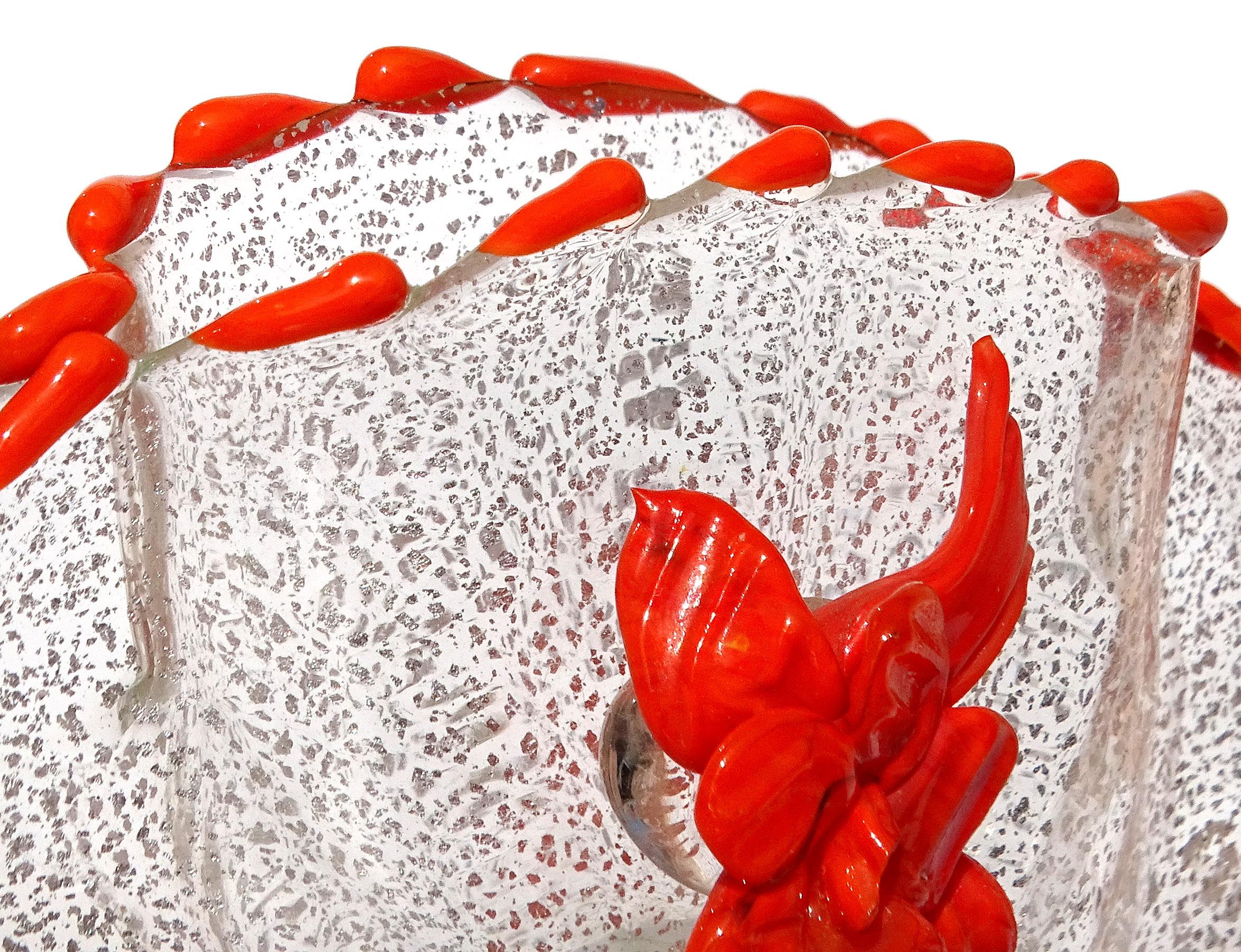Fait main Porte-cartes éventail vénitien en verre d'art italien à mouchetures argentées et à fleurs orange en vente