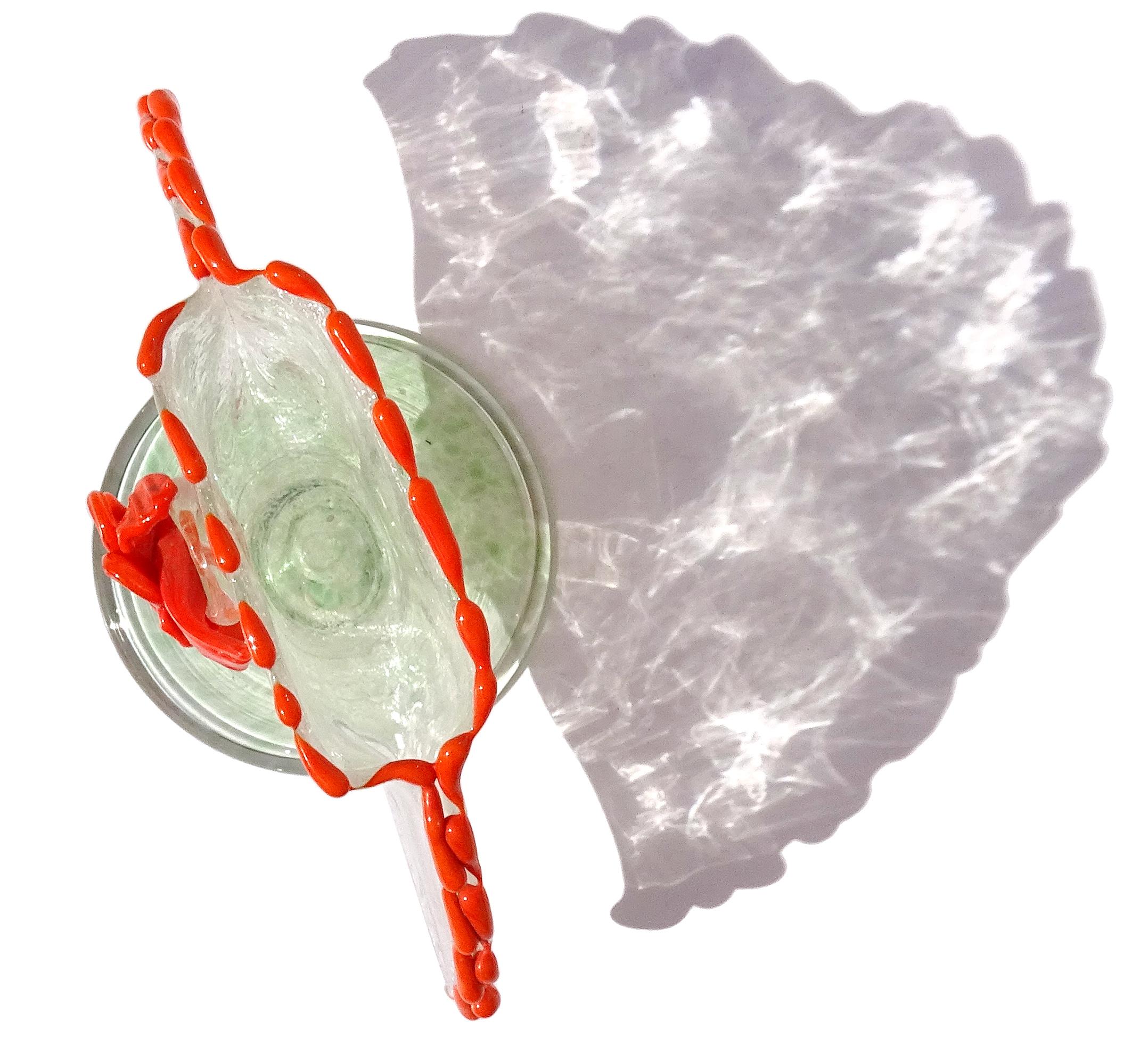 Verre Porte-cartes éventail vénitien en verre d'art italien à mouchetures argentées et à fleurs orange en vente