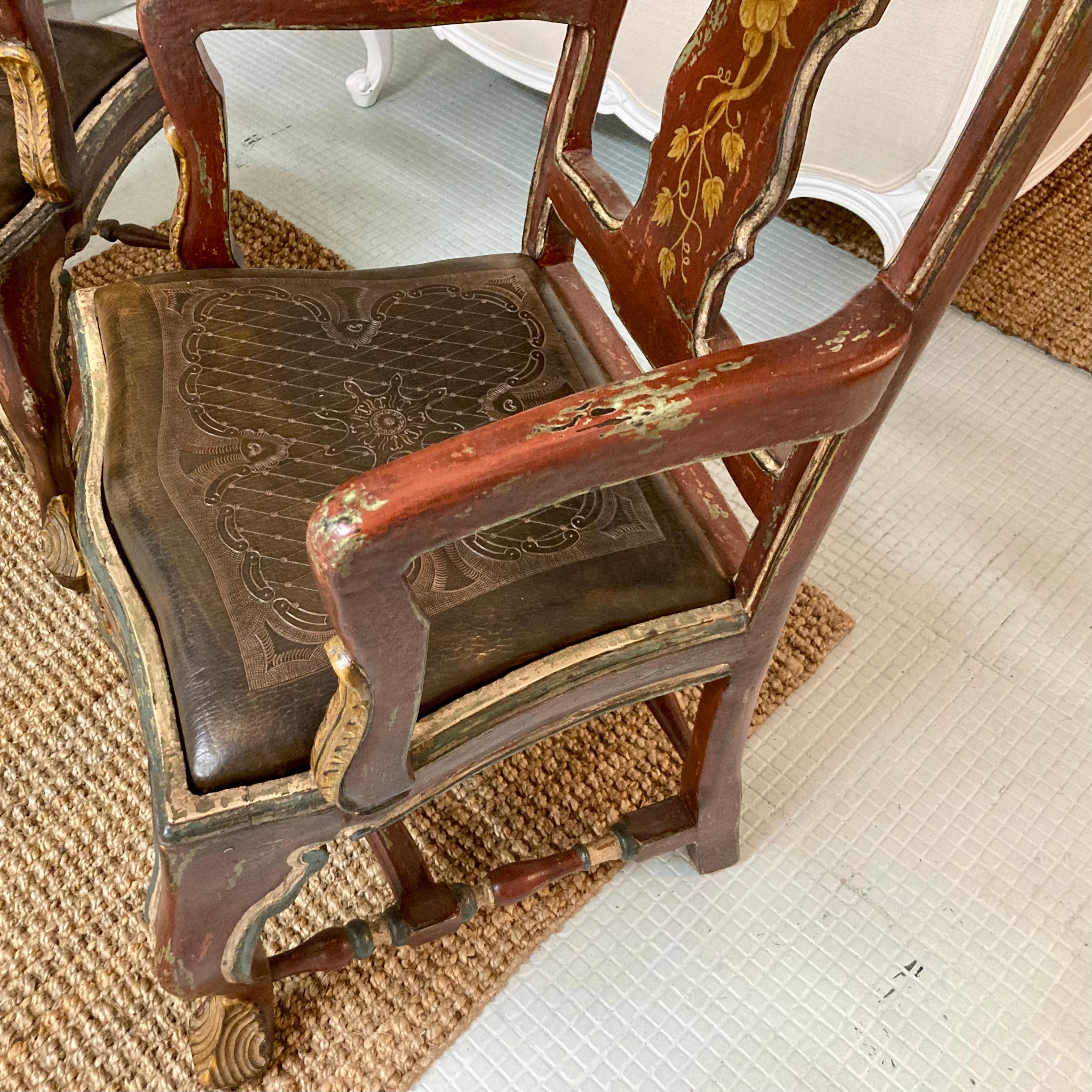 Venetian Arm Chairs With Original Painted Finish and Leather Seats, a Pair For Sale 3