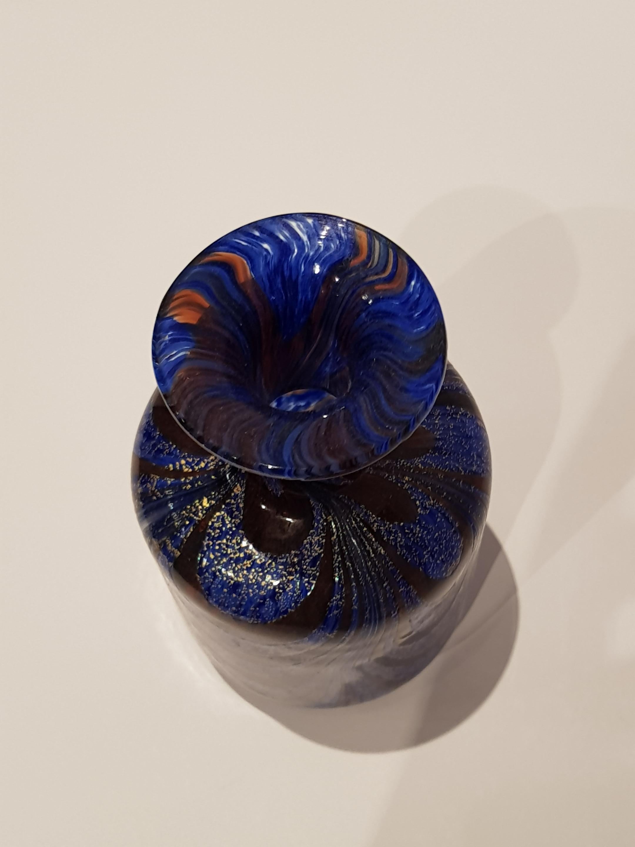 Venetian Art Glass Vase Bottle Gold Pulled Feather Fenicio Aventurine Blue Deco For Sale 3