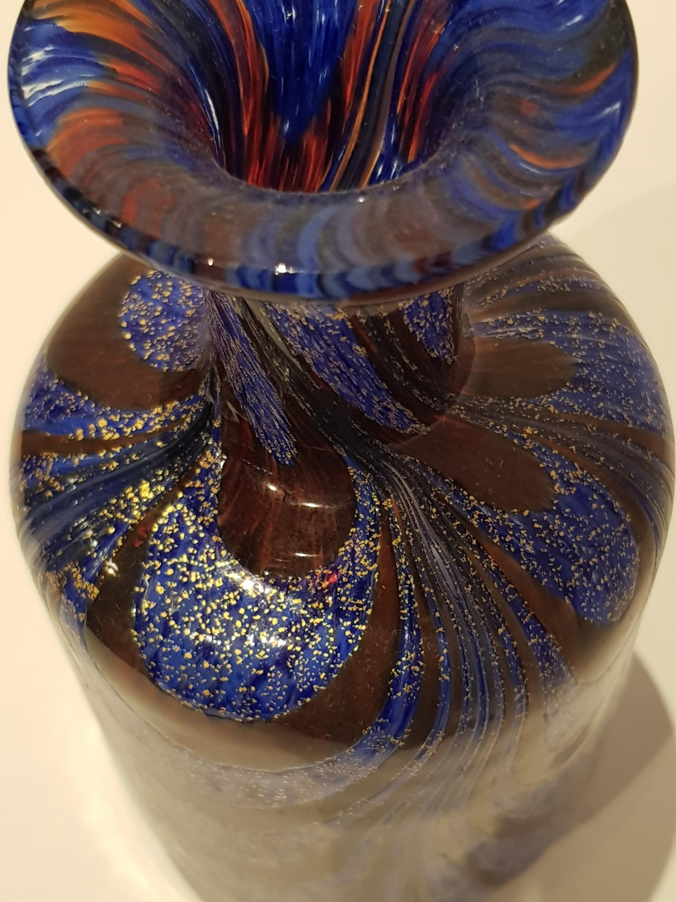 Venetian Art Glass Vase Bottle Gold Pulled Feather Fenicio Aventurine Blue Deco For Sale 5