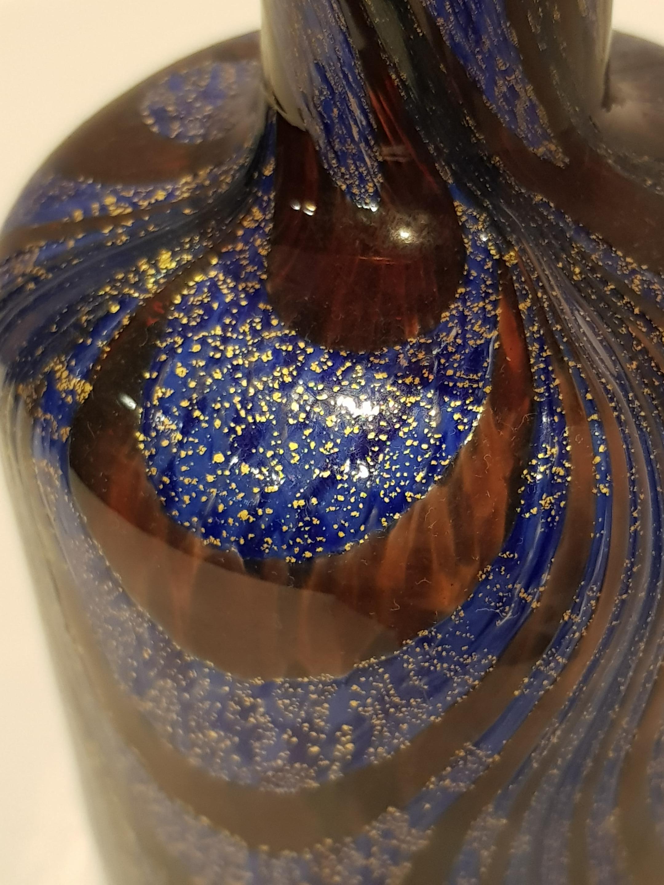 Venetian Art Glass Vase Bottle Gold Pulled Feather Fenicio Aventurine Blue Deco For Sale 6