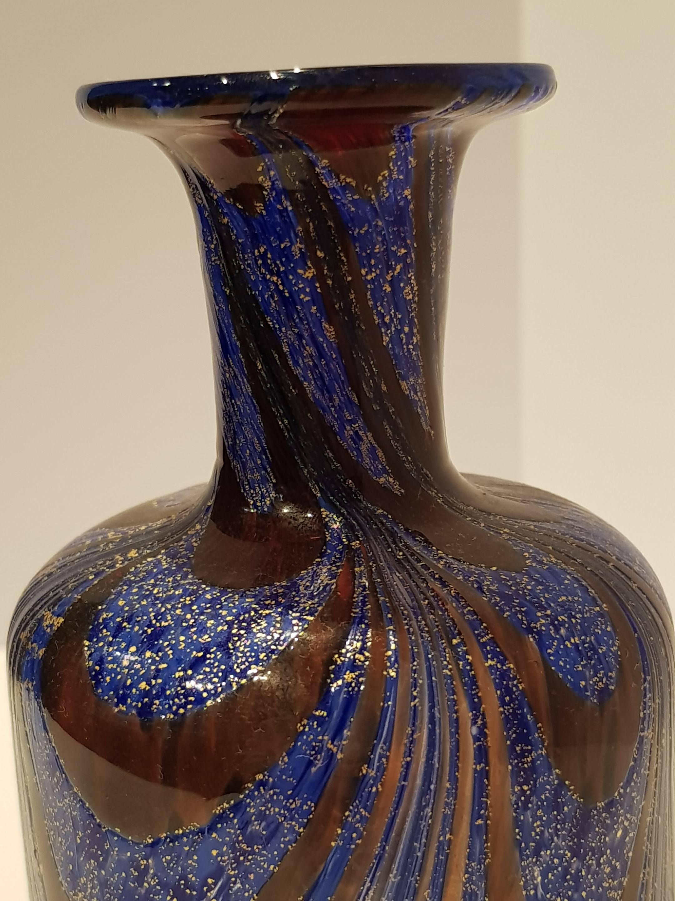 Venetian Art Glass Vase Bottle Gold Pulled Feather Fenicio Aventurine Blue Deco For Sale 7