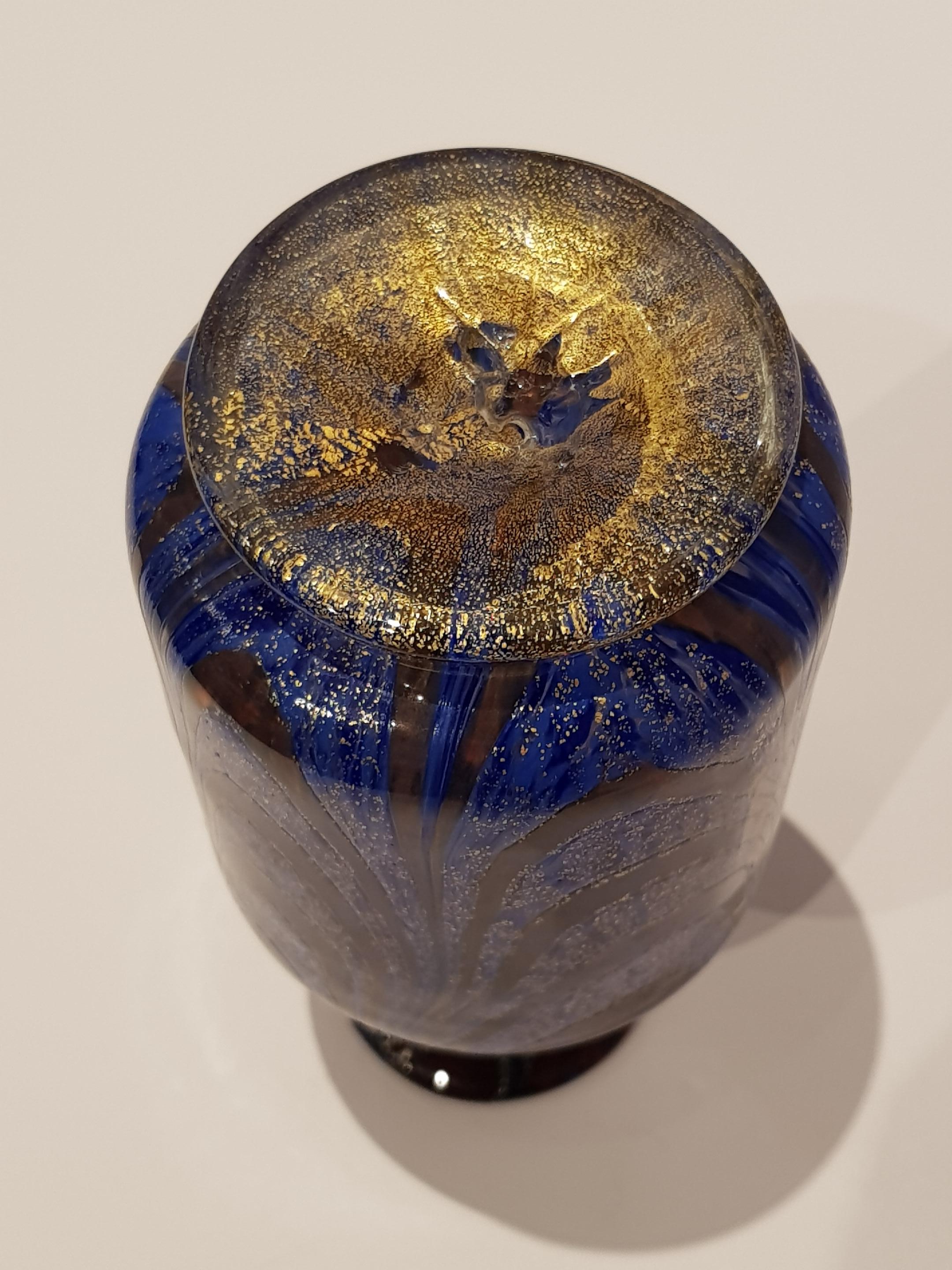 Venetian Art Glass Vase Bottle Gold Pulled Feather Fenicio Aventurine Blue Deco For Sale 8