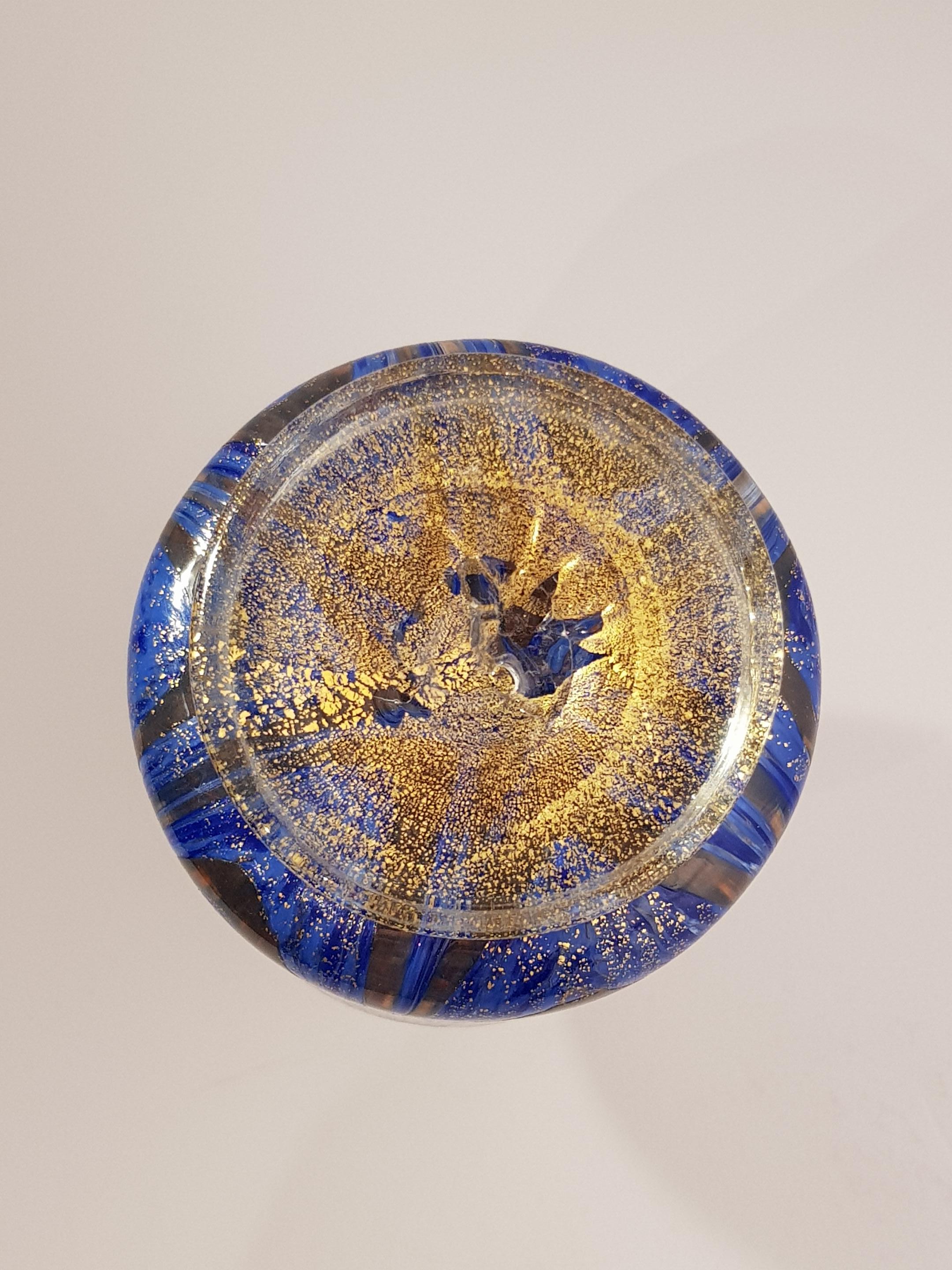 Venetian Art Glass Vase Bottle Gold Pulled Feather Fenicio Aventurine Blue Deco For Sale 9