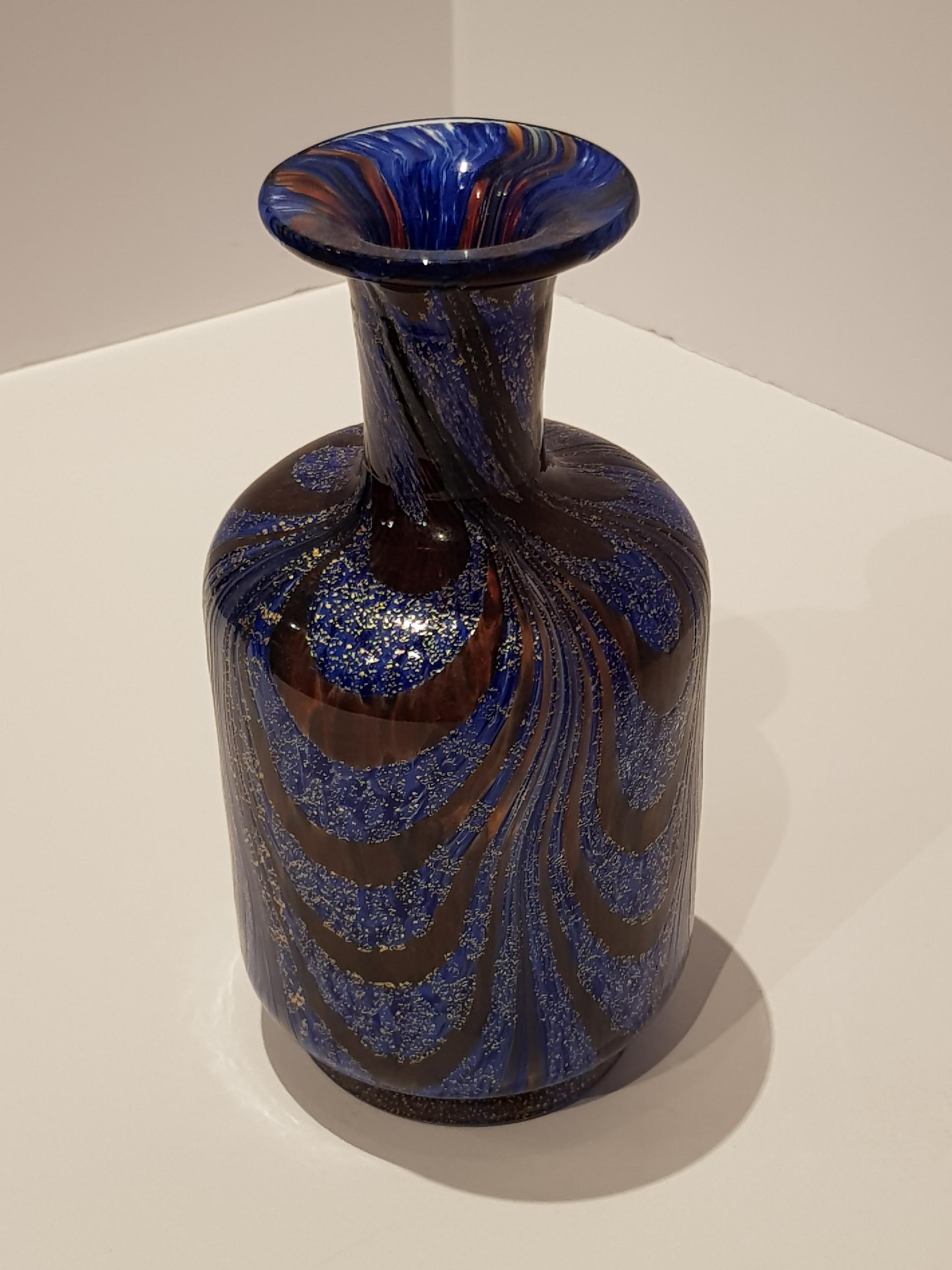 Venetian Art Glass Vase Bottle Gold Pulled Feather Fenicio Aventurine Blue Deco For Sale 1