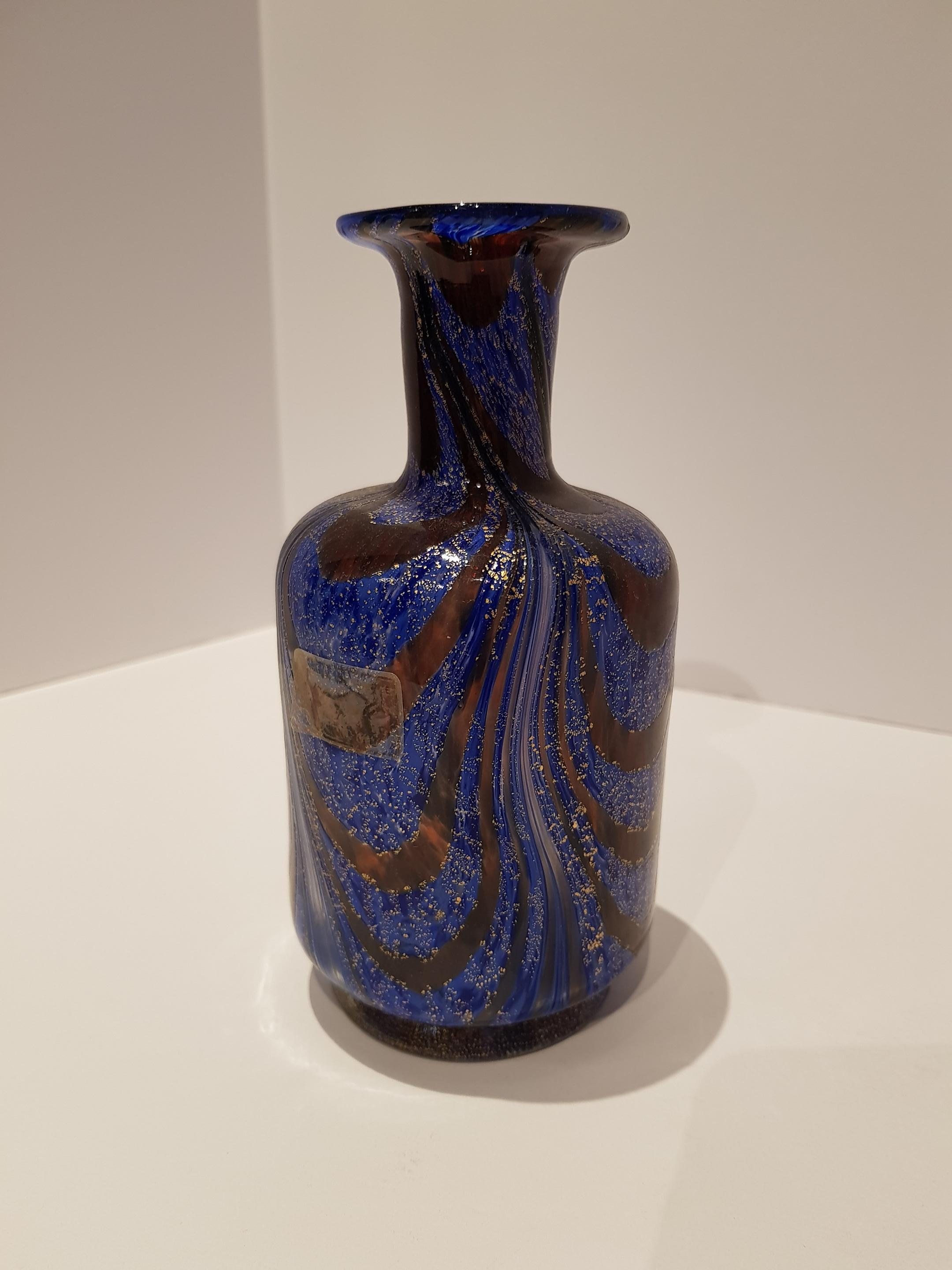 Venetian Art Glass Vase Bottle Gold Pulled Feather Fenicio Aventurine Blue Deco For Sale 2