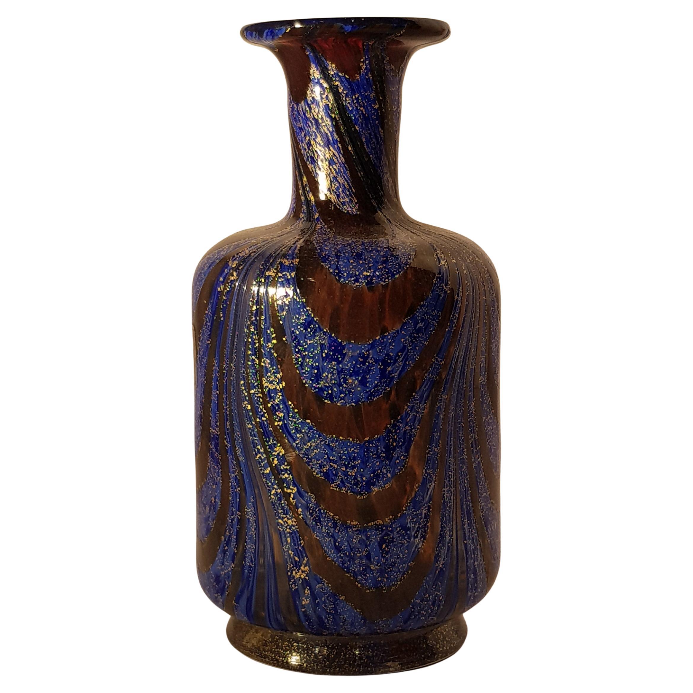 Venetian Art Glass Vase Bottle Gold Pulled Feather Fenicio Aventurine Blue Deco For Sale