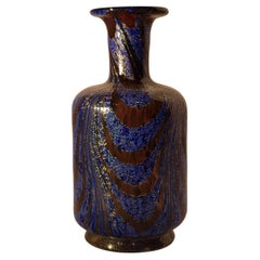 Vase en verre d'art vénitien Bouteille Or Tiré Plume Fenicio Aventurine Bleu Déco