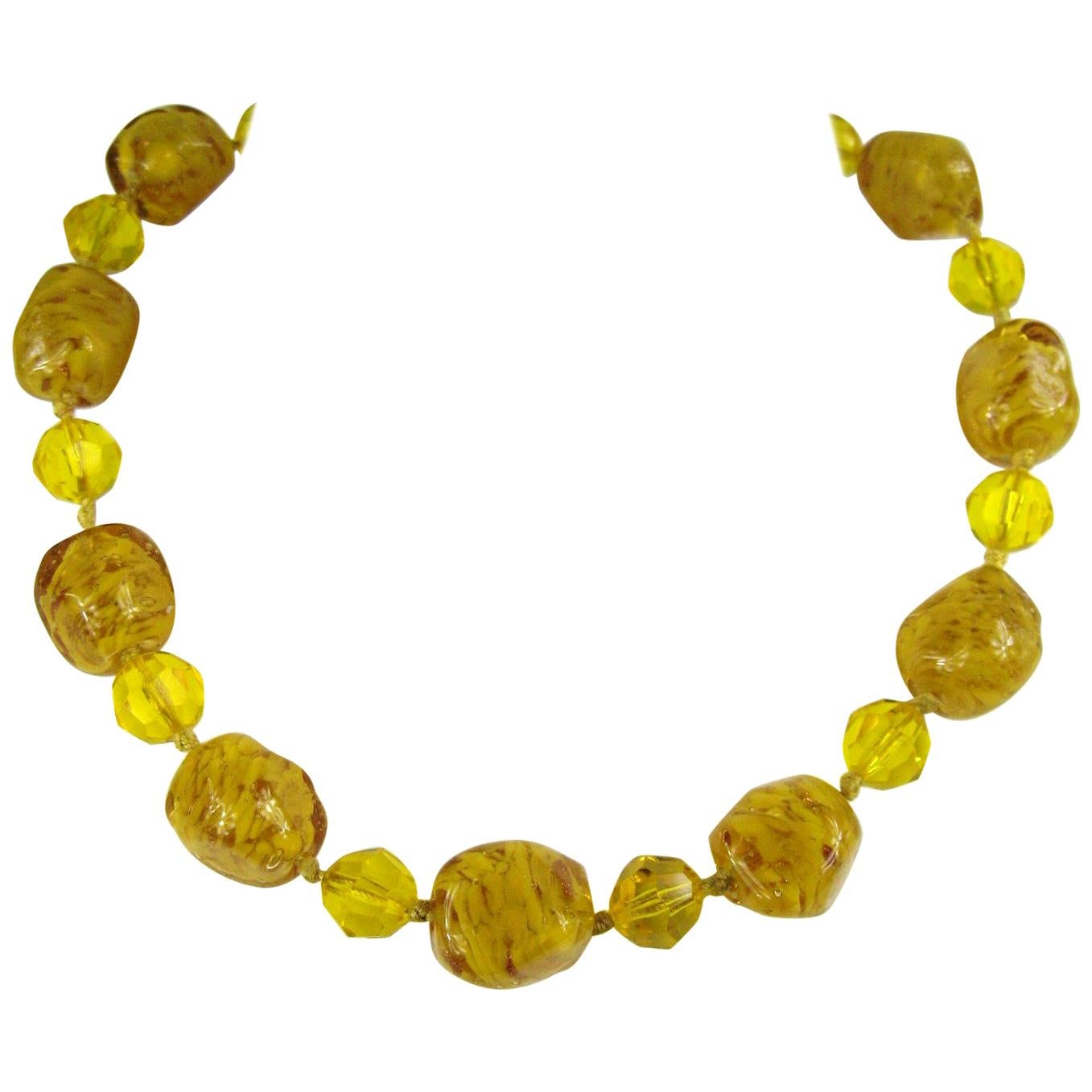 Venetian Art Gold Foil Glass Bead Necklace 1940s Vintage 14K GF For Sale