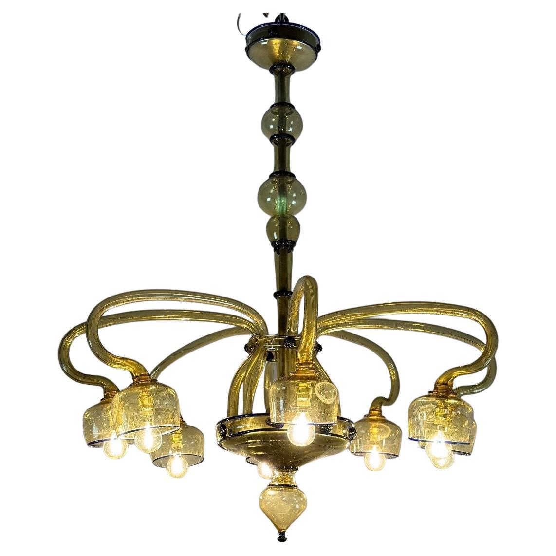 Venetian Art Nouveau Chandelier In Green And Blue Murano Glass Circa 1920 For Sale