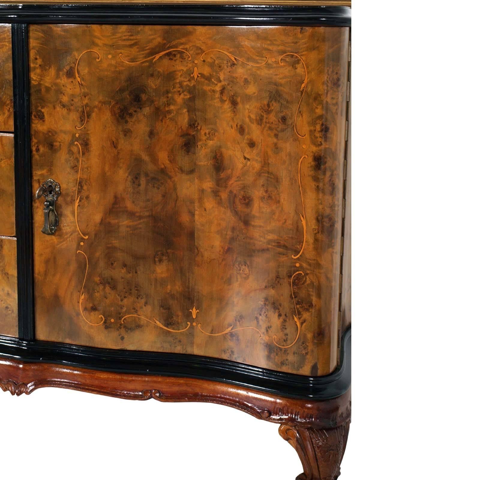 Italian Venetian Baroque High Quality Credenza with Mirror Gold Leaf , Burl Walnut For Sale