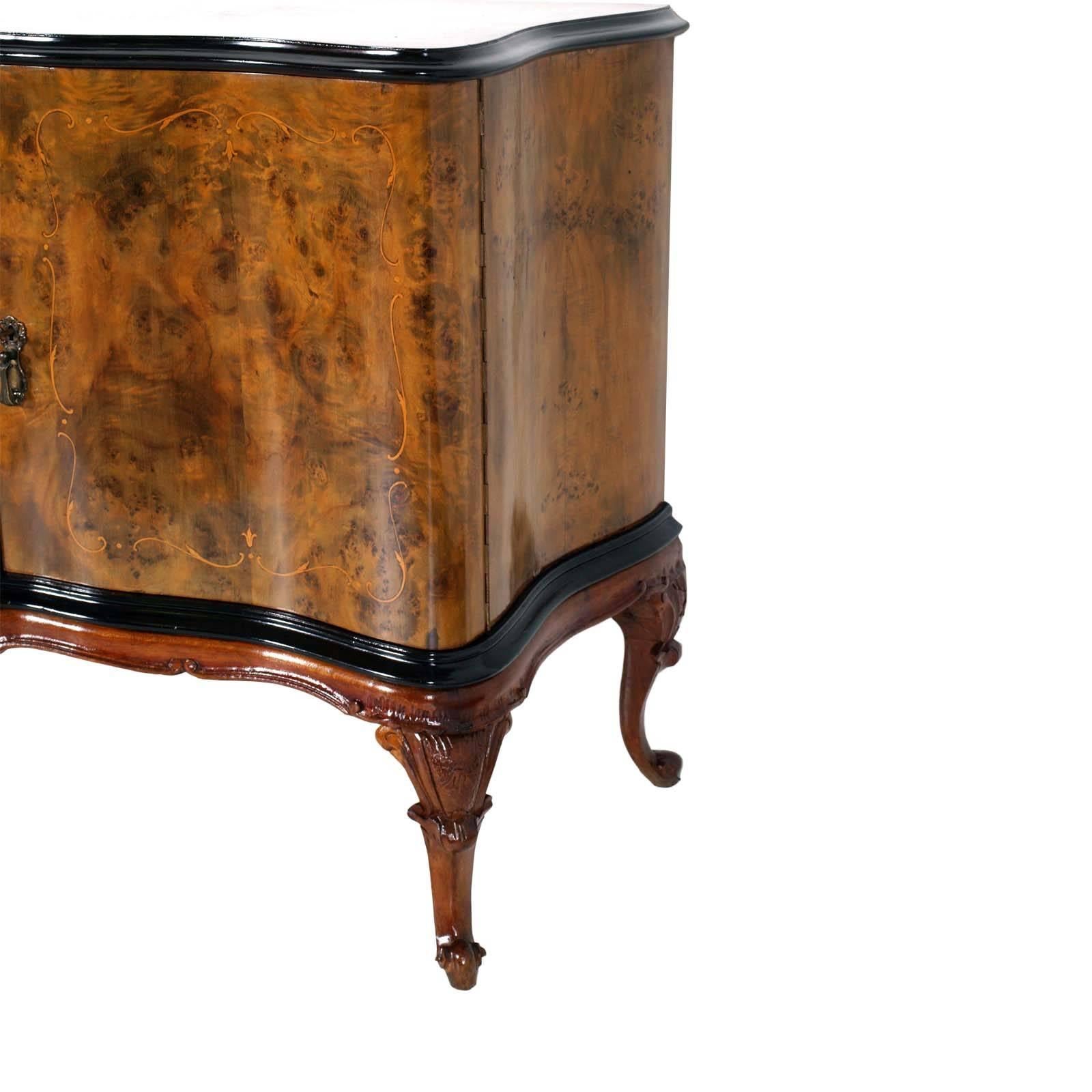 20th Century Venetian Baroque High Quality Credenza with Mirror Gold Leaf , Burl Walnut For Sale