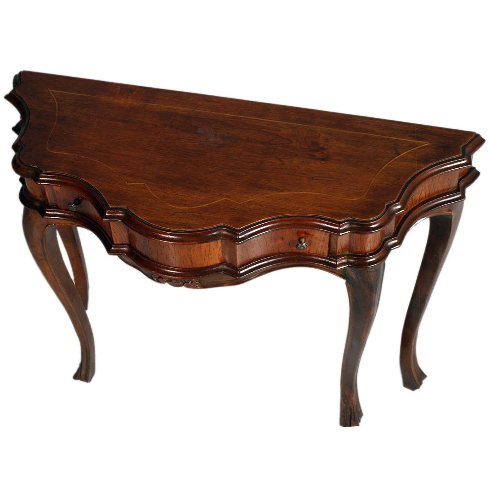 Baroque Revival Venetian Baroque Console from Early 1900s, Carved and Inlaid Walnut Wax Polished For Sale