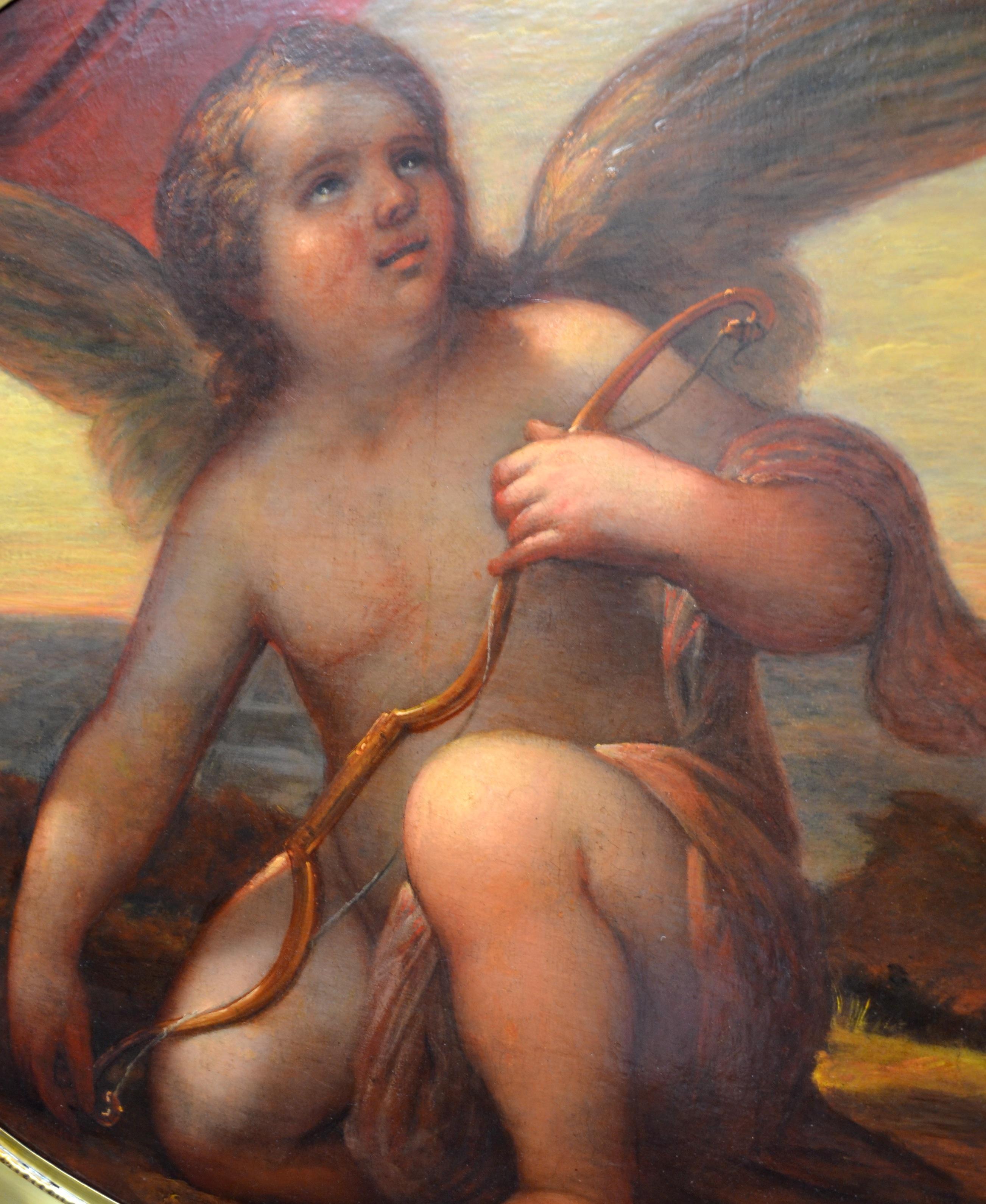Painted Venetian 17 Century Baroque Oil on Canvas Painting of Kneeling Cupid For Sale