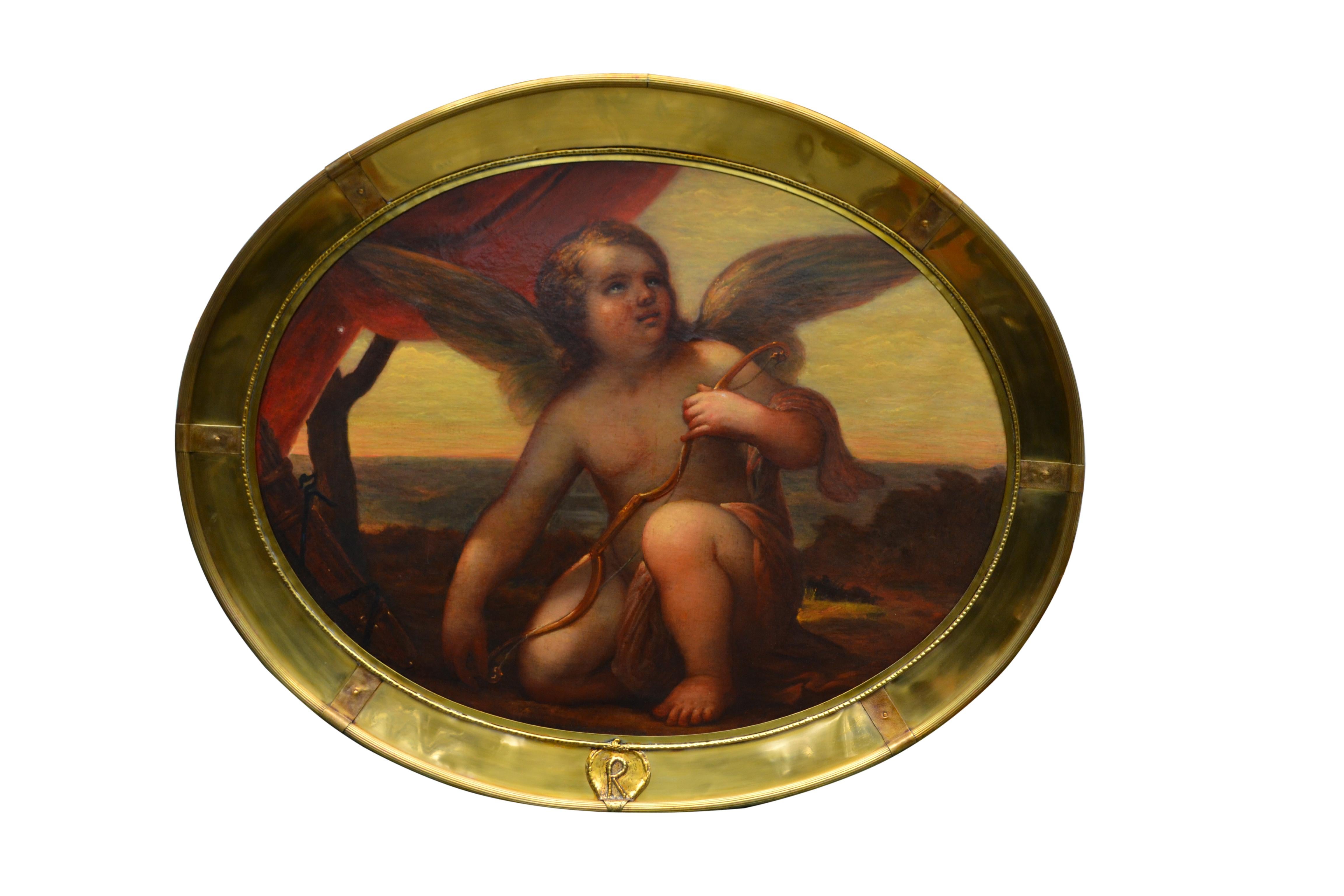 A fine and rare painting of a kneeling cupid holding a quiver, shown against an idyllic background. The style and subject matter are similar to works by Venetian masters from the 16th through 17th century. Restorers presently indicate that this