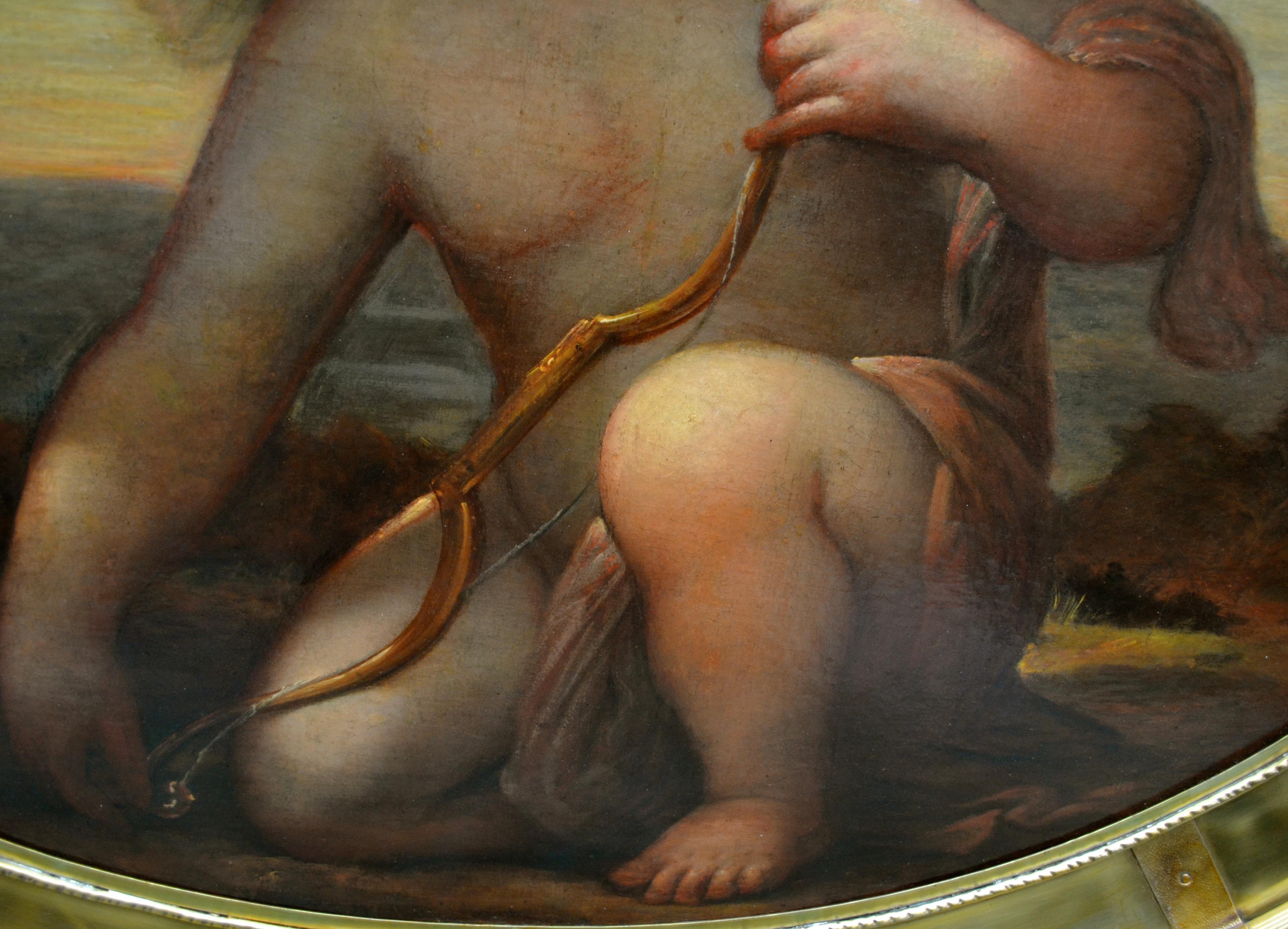 17th Century Venetian 17 Century Baroque Oil on Canvas Painting of Kneeling Cupid For Sale