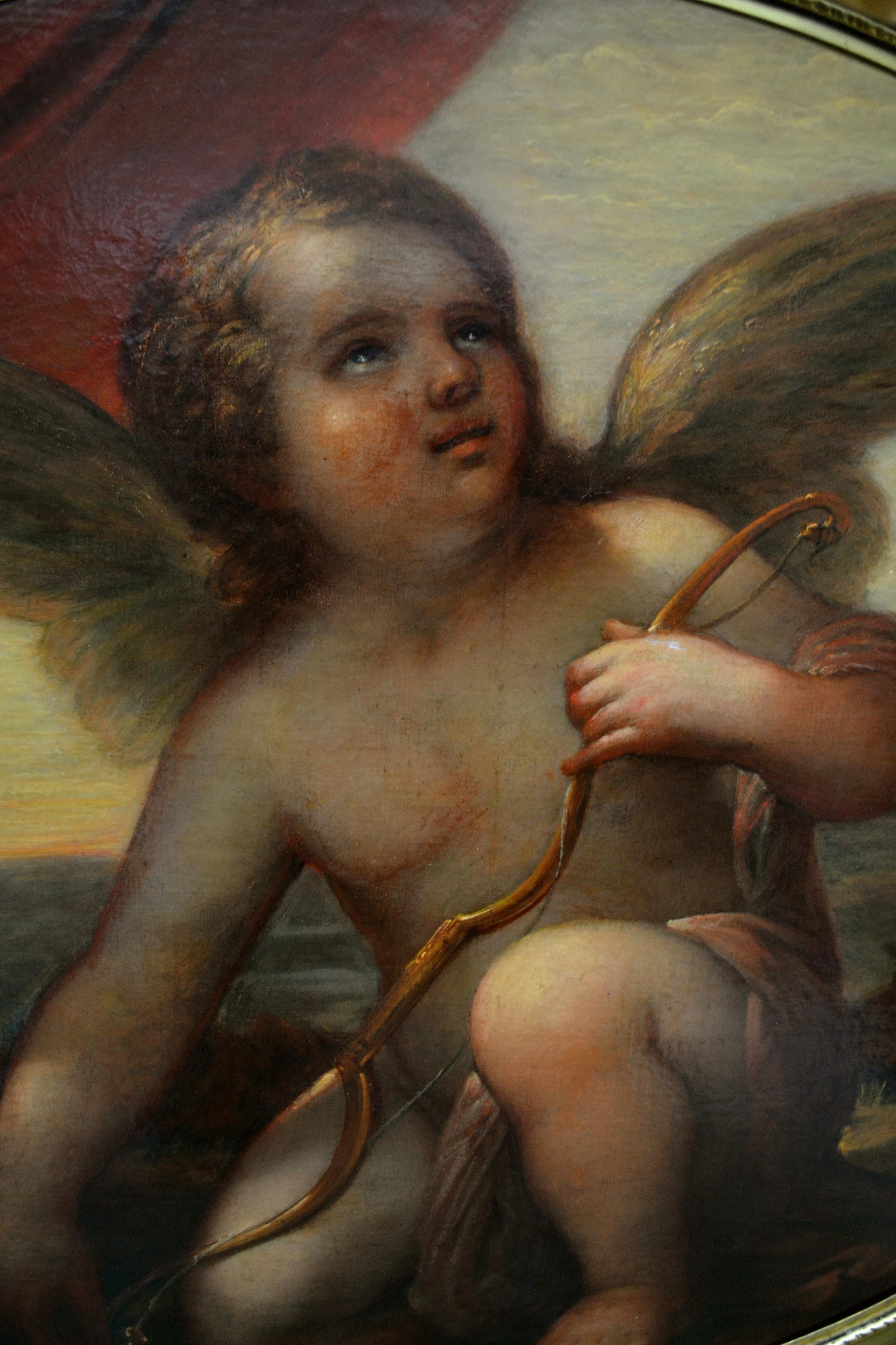Venetian 17 Century Baroque Oil on Canvas Painting of Kneeling Cupid For Sale 1
