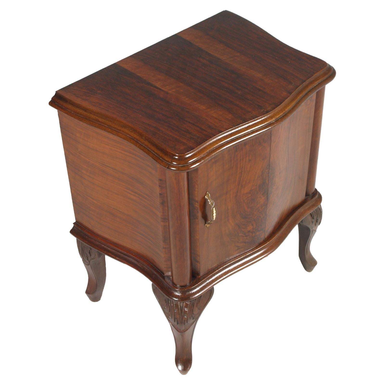 Italian Venetian Baroque Nightstands, Hand Carved & Veneer Walnut, Restored Wax-Polished For Sale