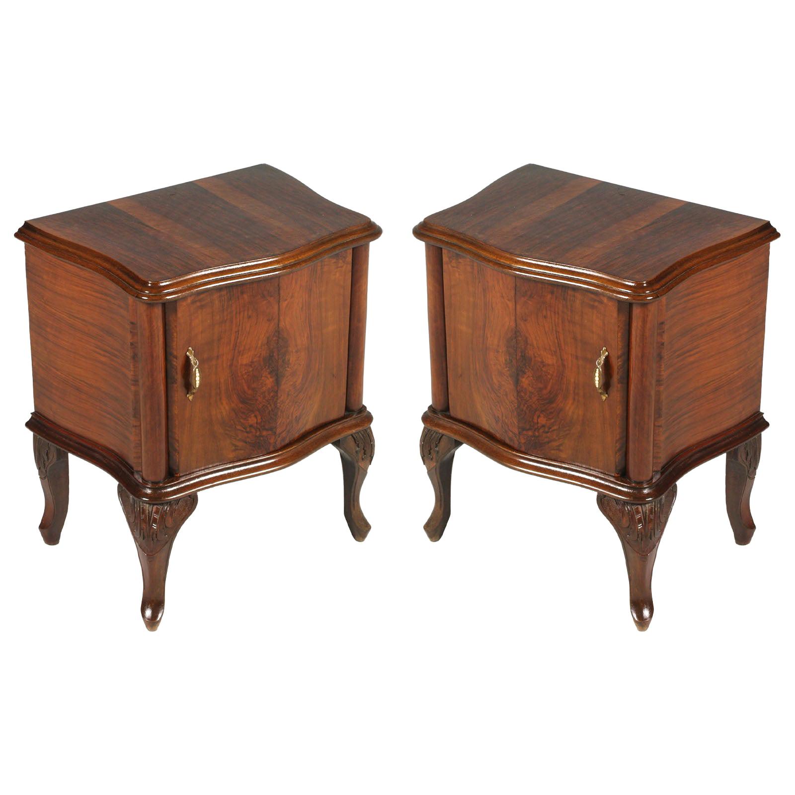 Venetian Baroque Nightstands, Hand Carved & Veneer Walnut, Restored Wax-Polished