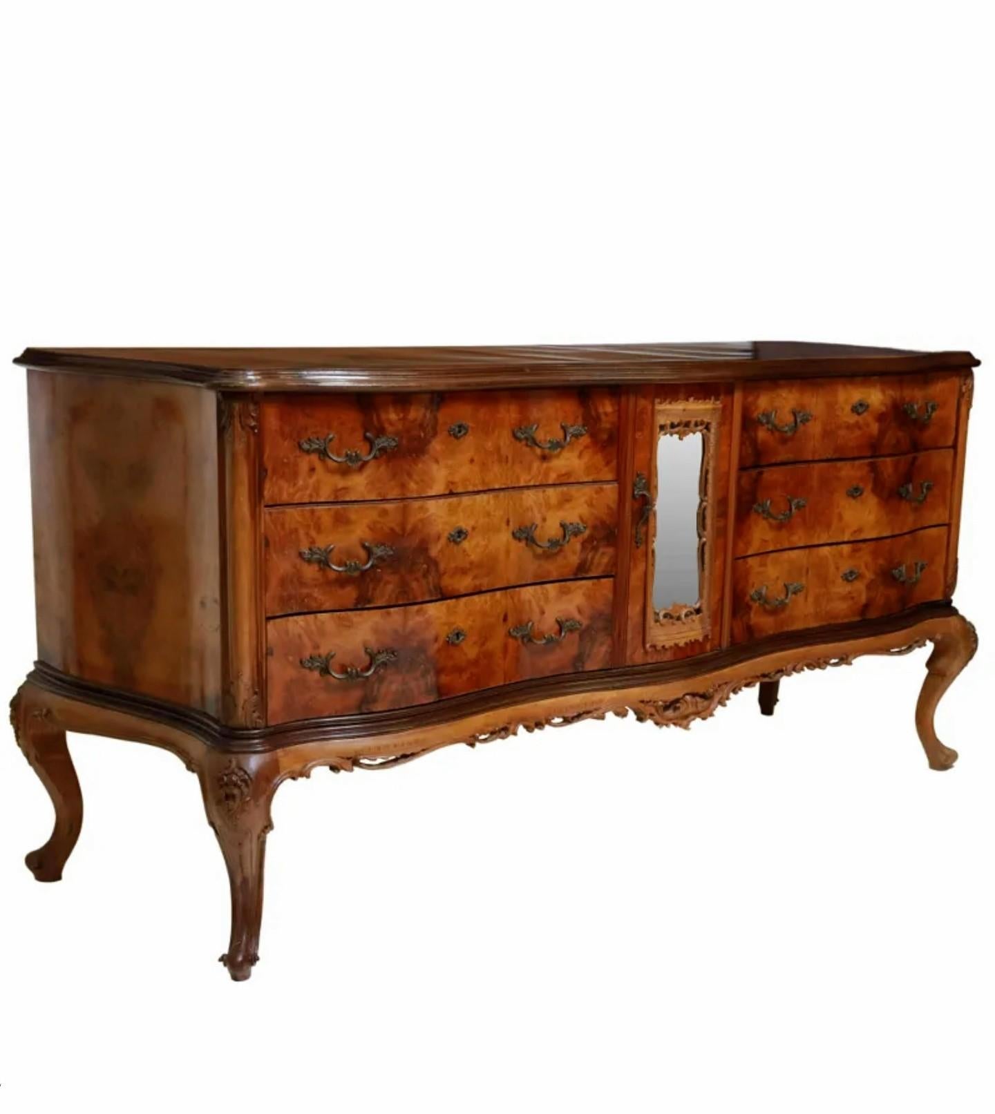 Hand-Carved Venetian Baroque Patchwork Burled Walnut Sideboard Buffet For Sale