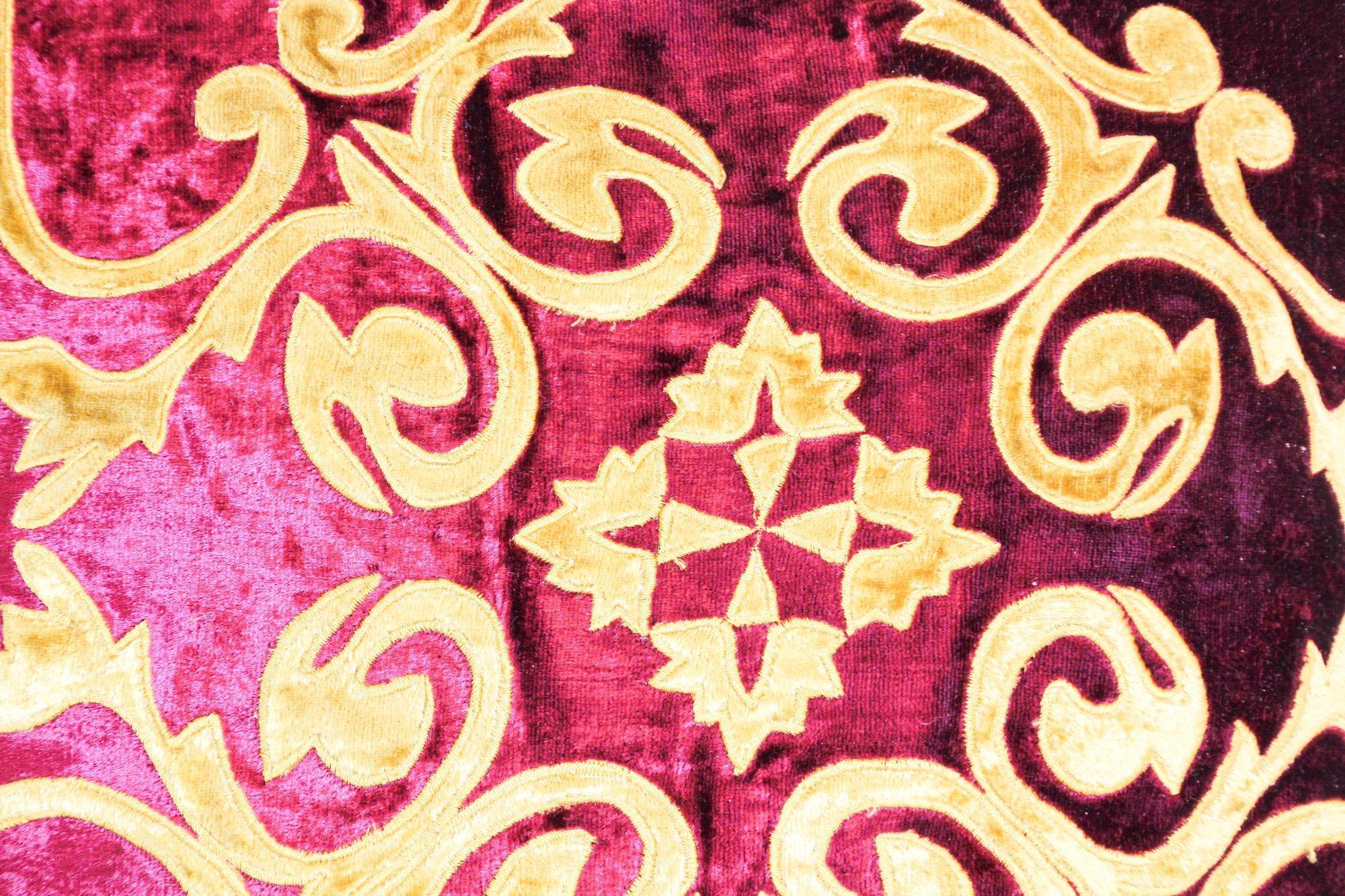 Appliqué Venetian Baroque Red and Gold Velvet Pillows with Elaborate Applique Work a Pair For Sale