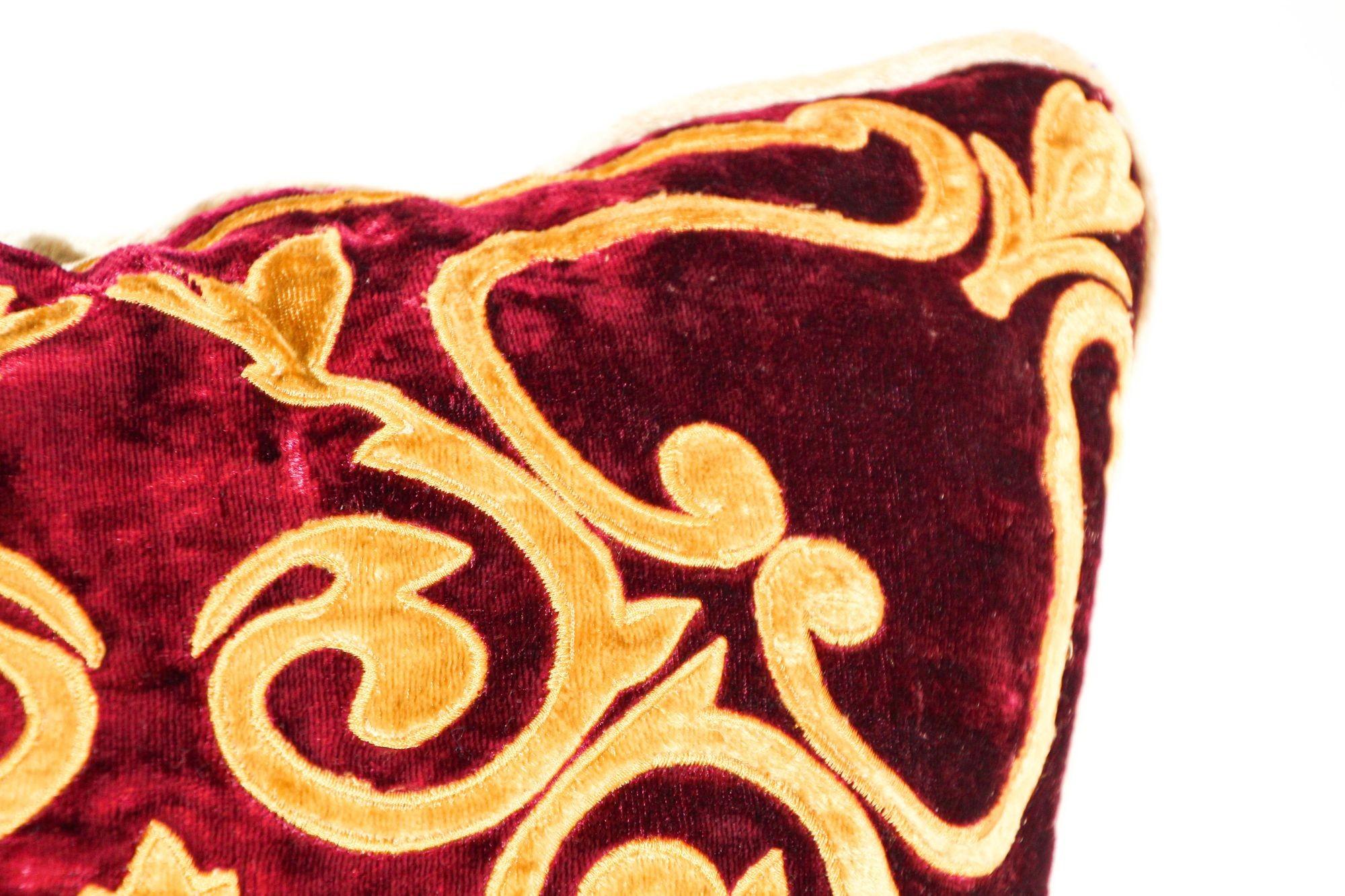Appliqué Venetian Baroque Red and Gold Velvet Pillows with Elaborate Applique Work a Pair For Sale