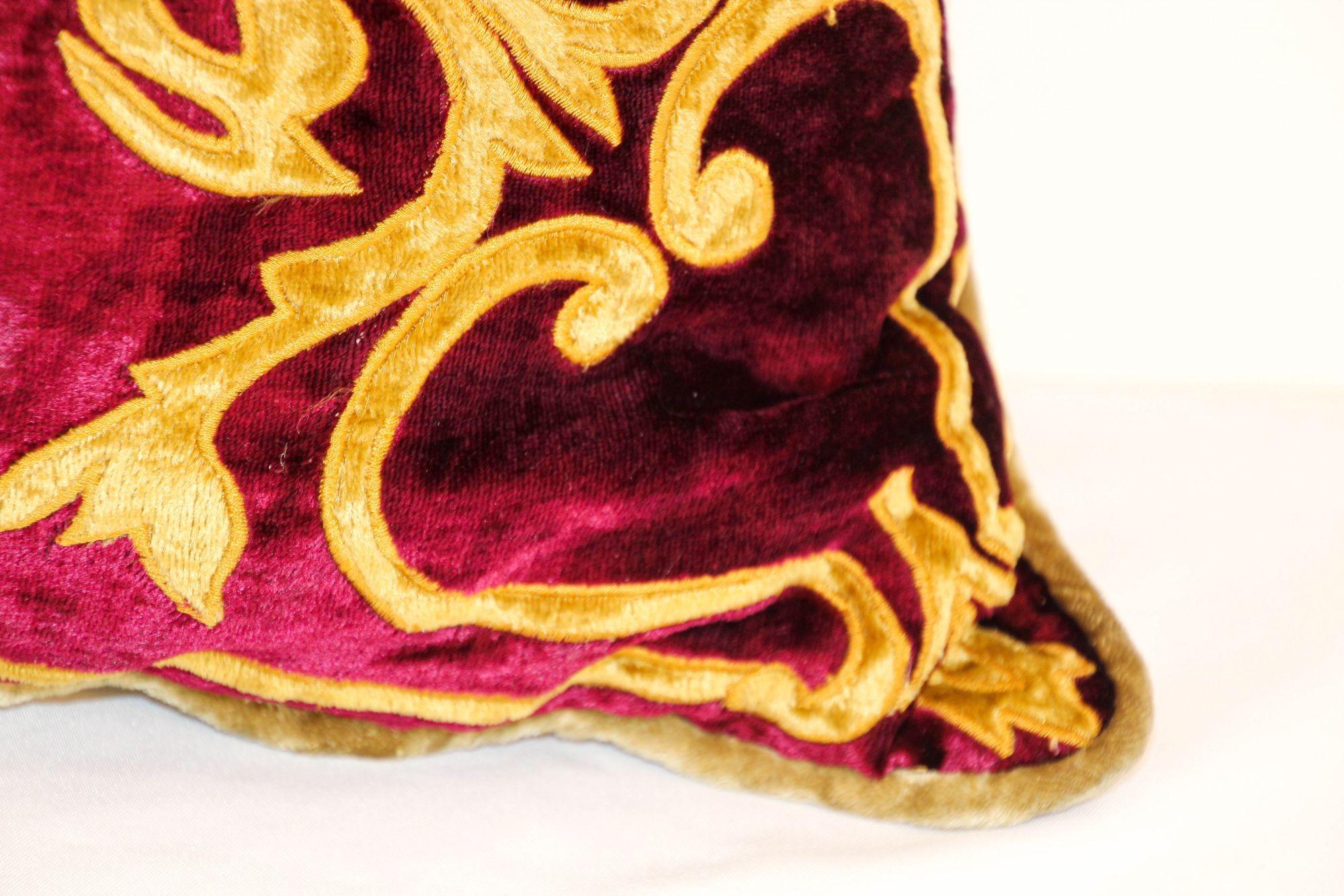 20th Century Venetian Baroque Red and Gold Velvet Pillows with Elaborate Applique Work a Pair For Sale