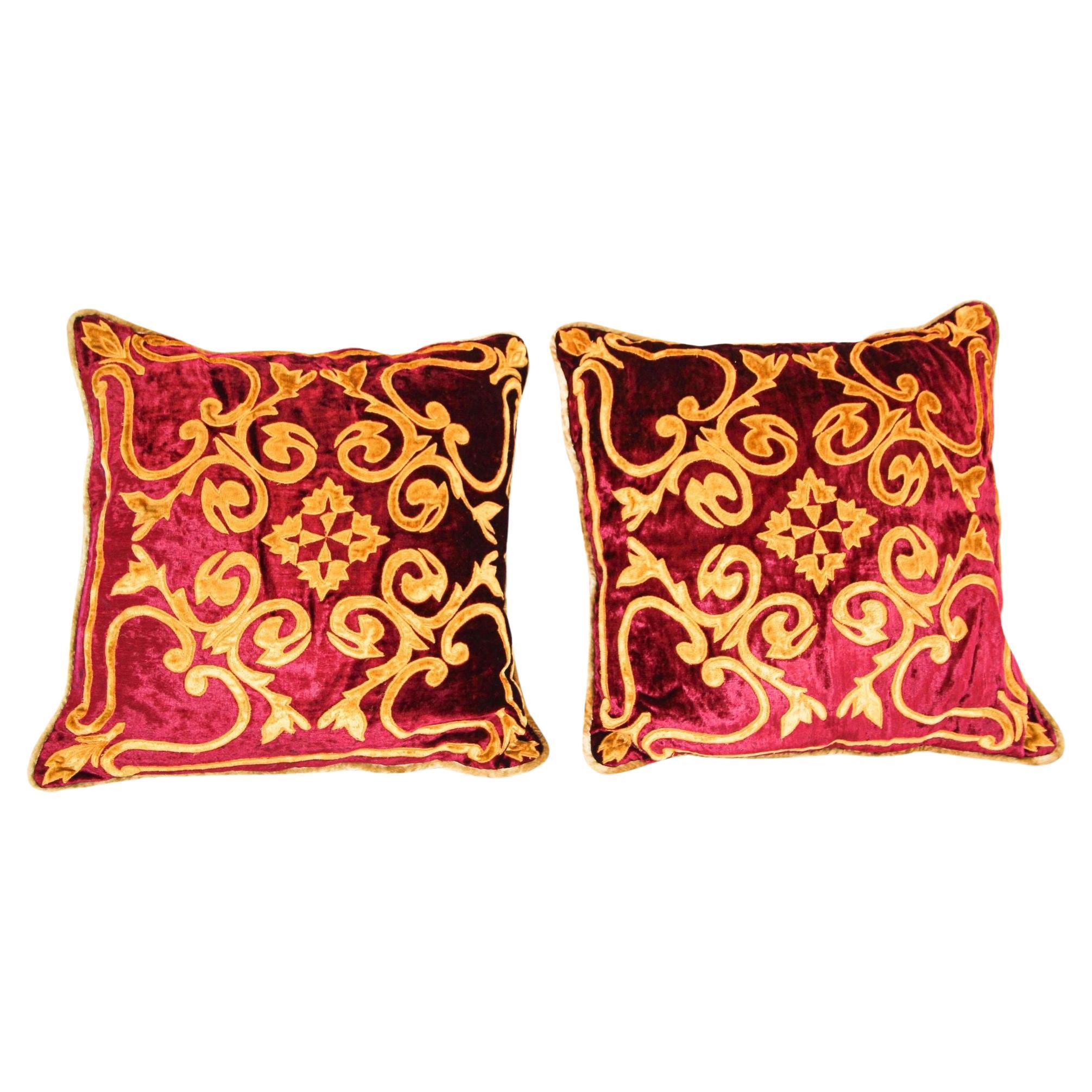 Venetian Baroque Red and Gold Velvet Pillows with Elaborate Applique Work a Pair For Sale