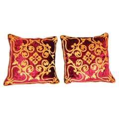 Venetian Baroque Red and Gold Velvet Pillows with Elaborate Applique Work a Pair