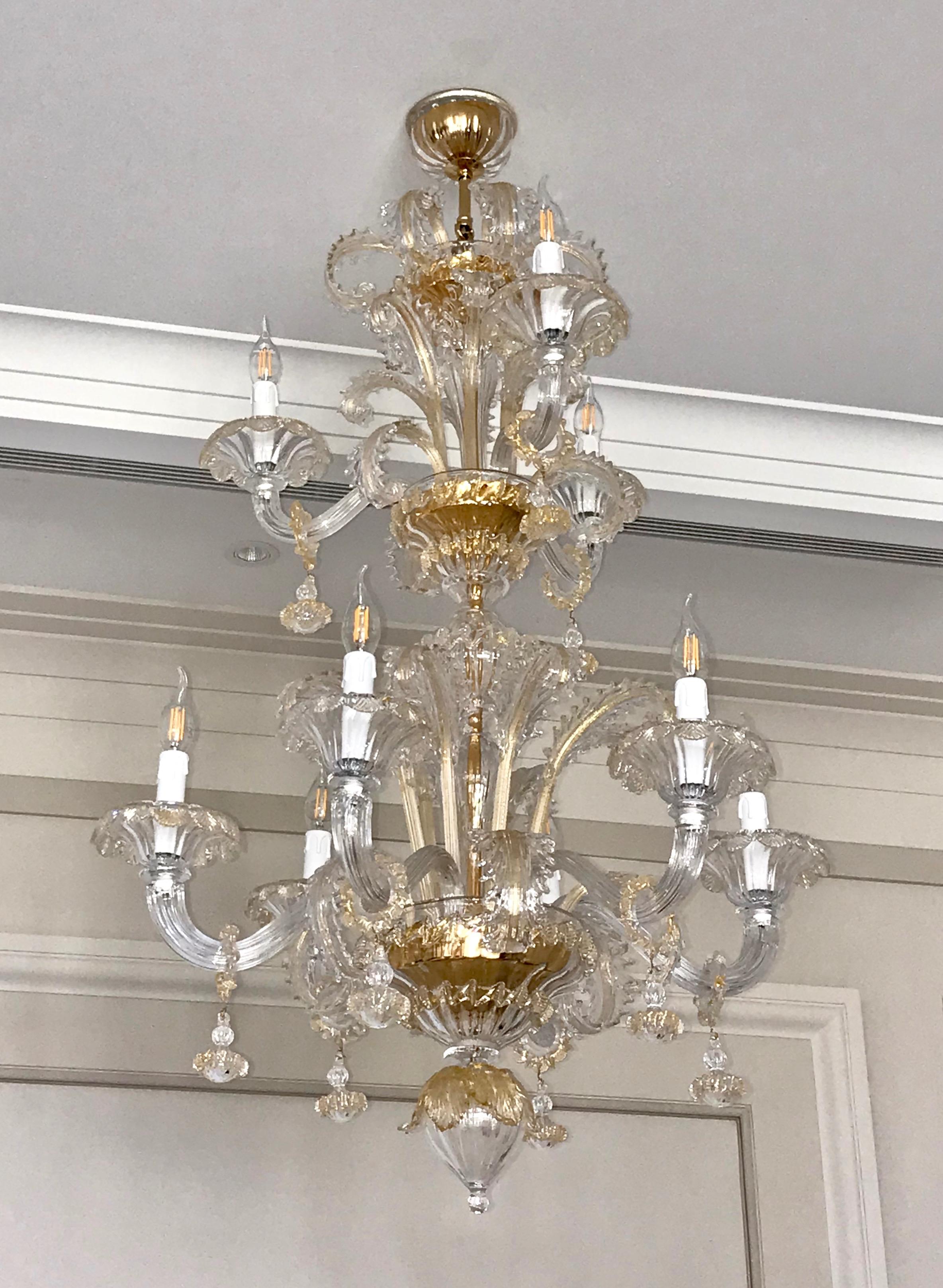 Venetian Baroque Style 9-Light Crystal Pure Gold Murano Glass Modern Chandelier For Sale 7