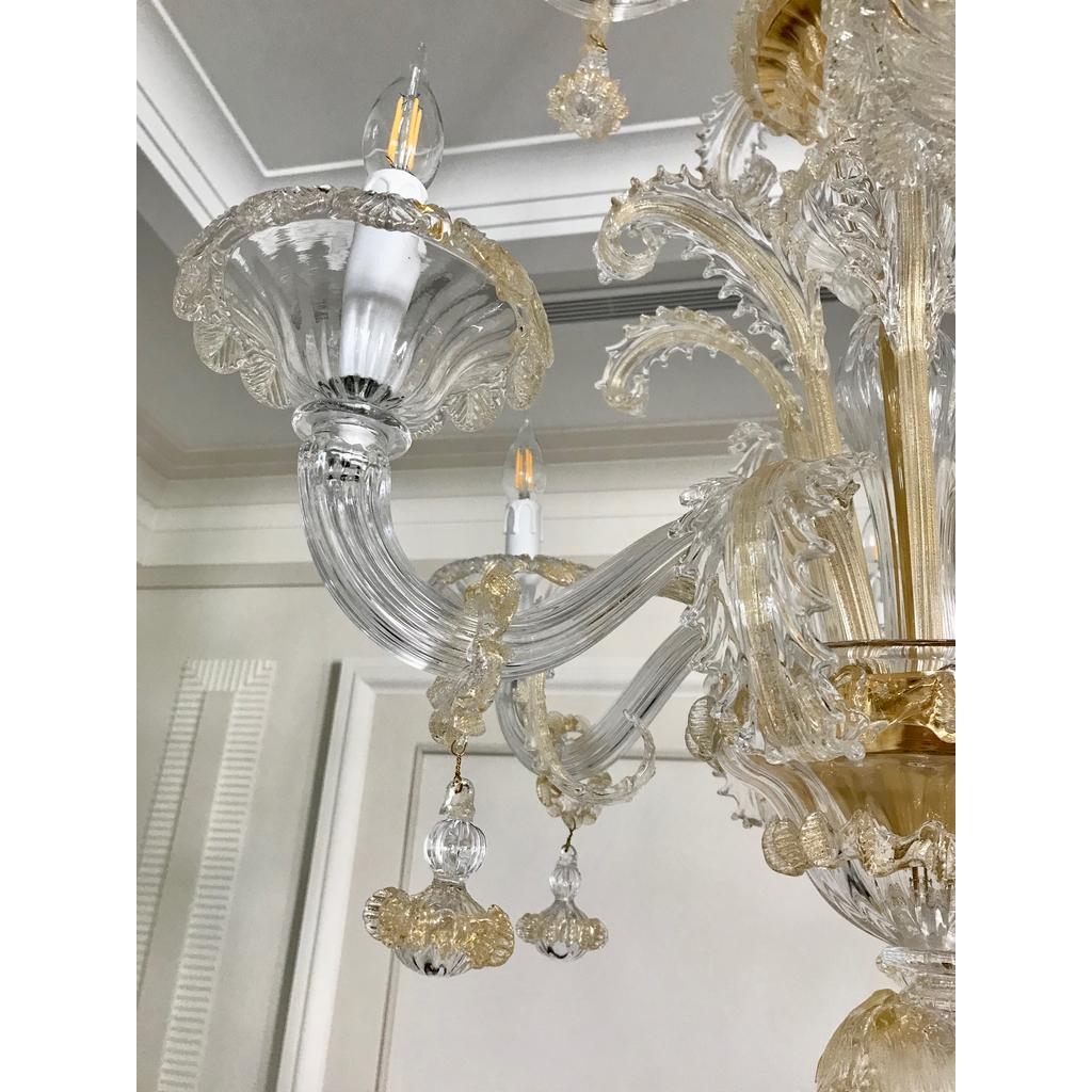 Lustre moderne de style baroque vénitien à 9 lumières en cristal, or pur et verre de Murano Neuf - En vente à New York, NY