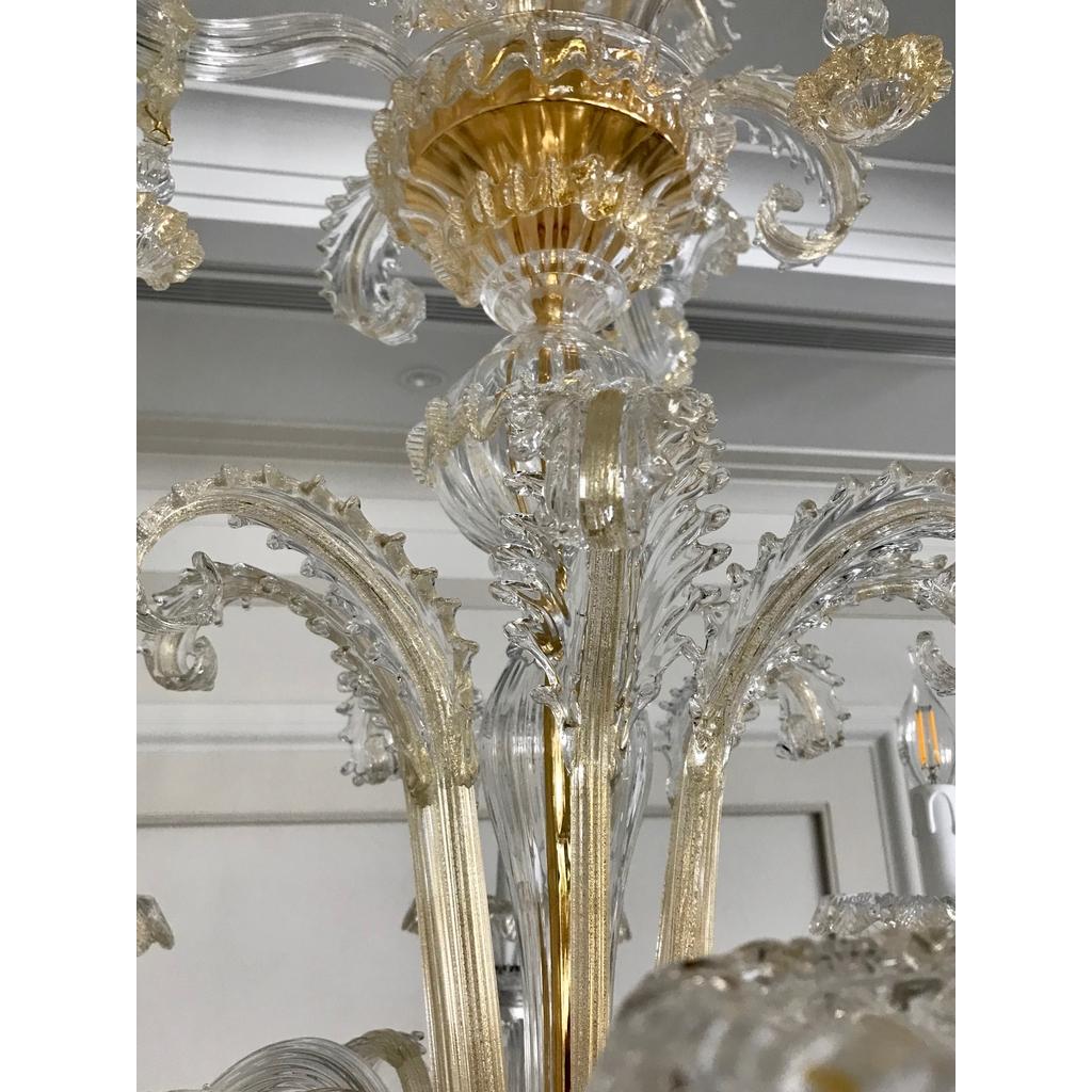 Contemporary Venetian Baroque Style 9-Light Crystal Pure Gold Murano Glass Modern Chandelier For Sale