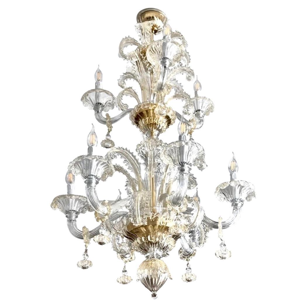 Venetian Baroque Style 9-Light Crystal Pure Gold Murano Glass Modern Chandelier For Sale