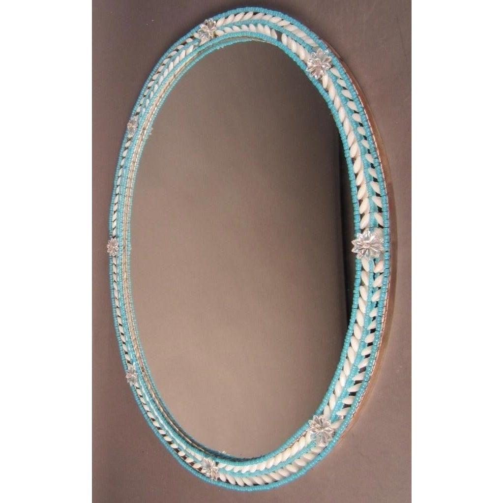 Venetian Mirror Featuring Blue and White Glass Beads . Italian Mid Century Venetian beaded glass mirror. circa 1940.
Clean simple lines. Beautifully unique.