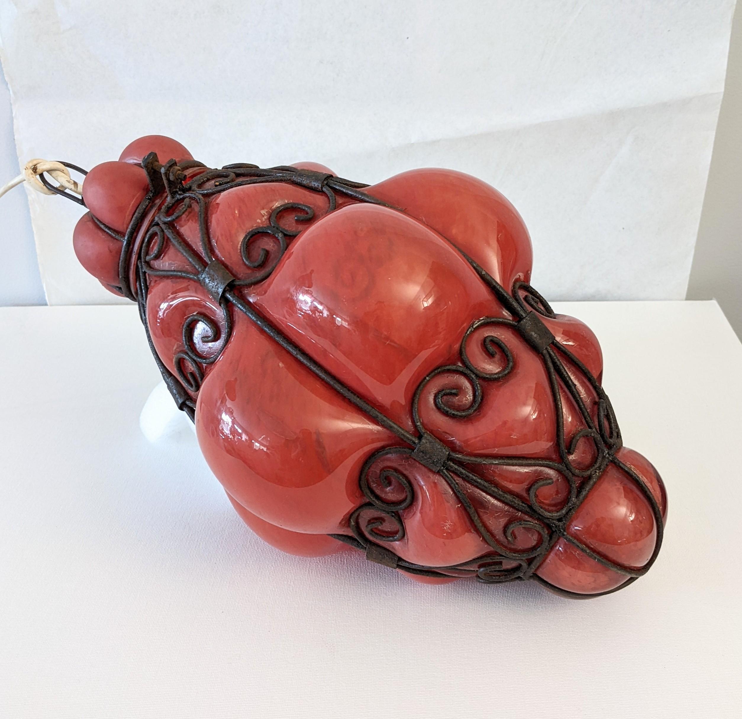 Art Deco Venetian Blown Glass and Wrought Iron Pendant  For Sale