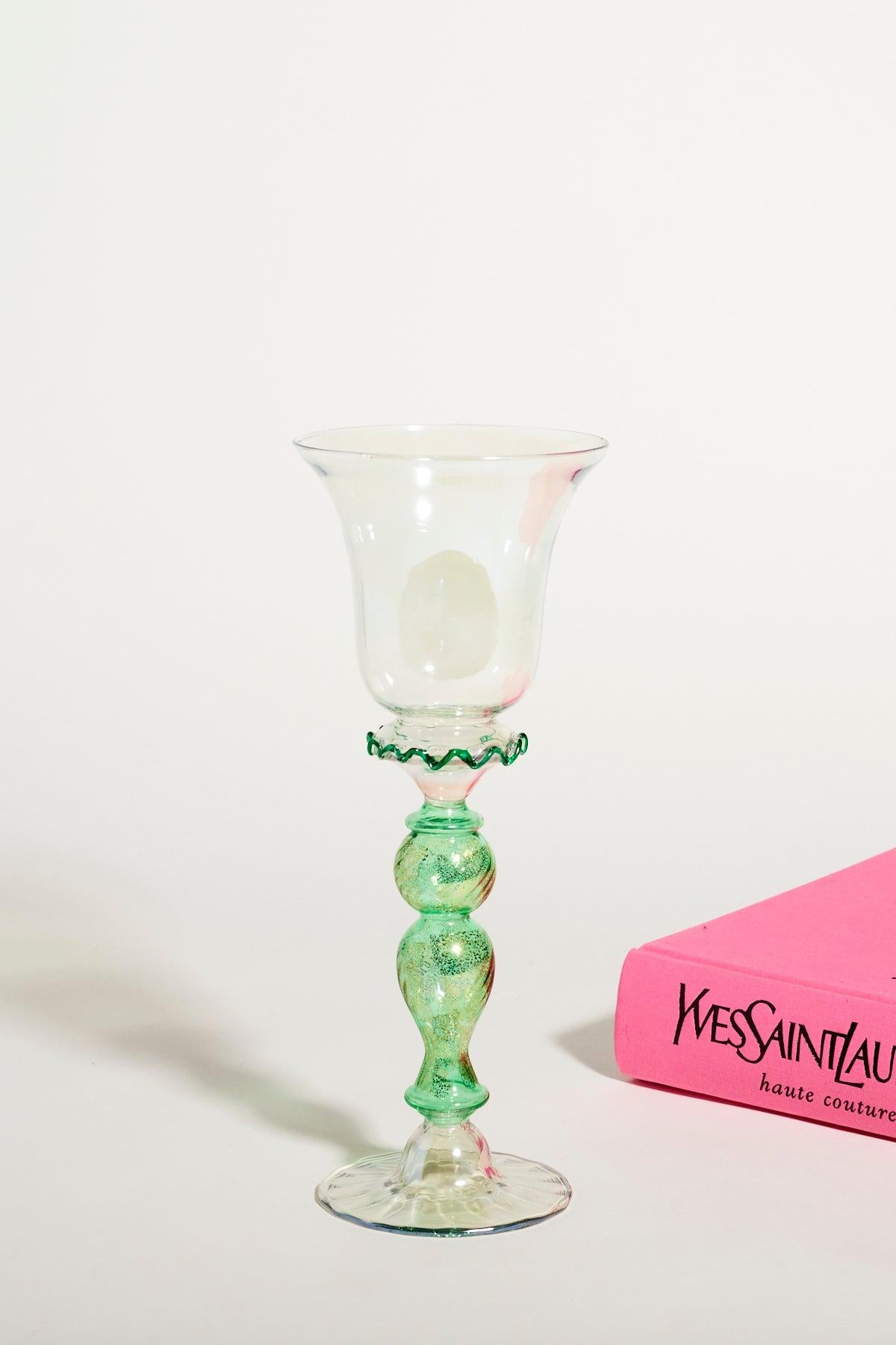 Venetian Blown Glass Goblet with Metallic Green and Gold Stem In Good Condition In New York, NY