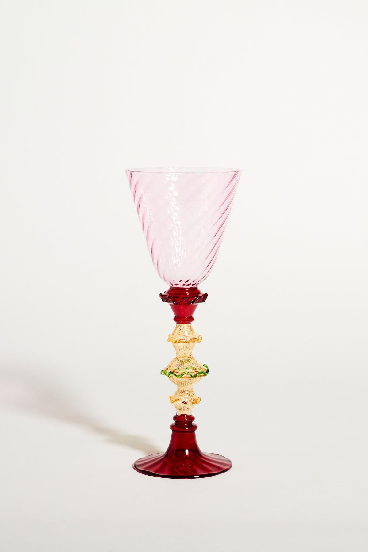 Venetian blown glass goblet with ruffle tier stem.