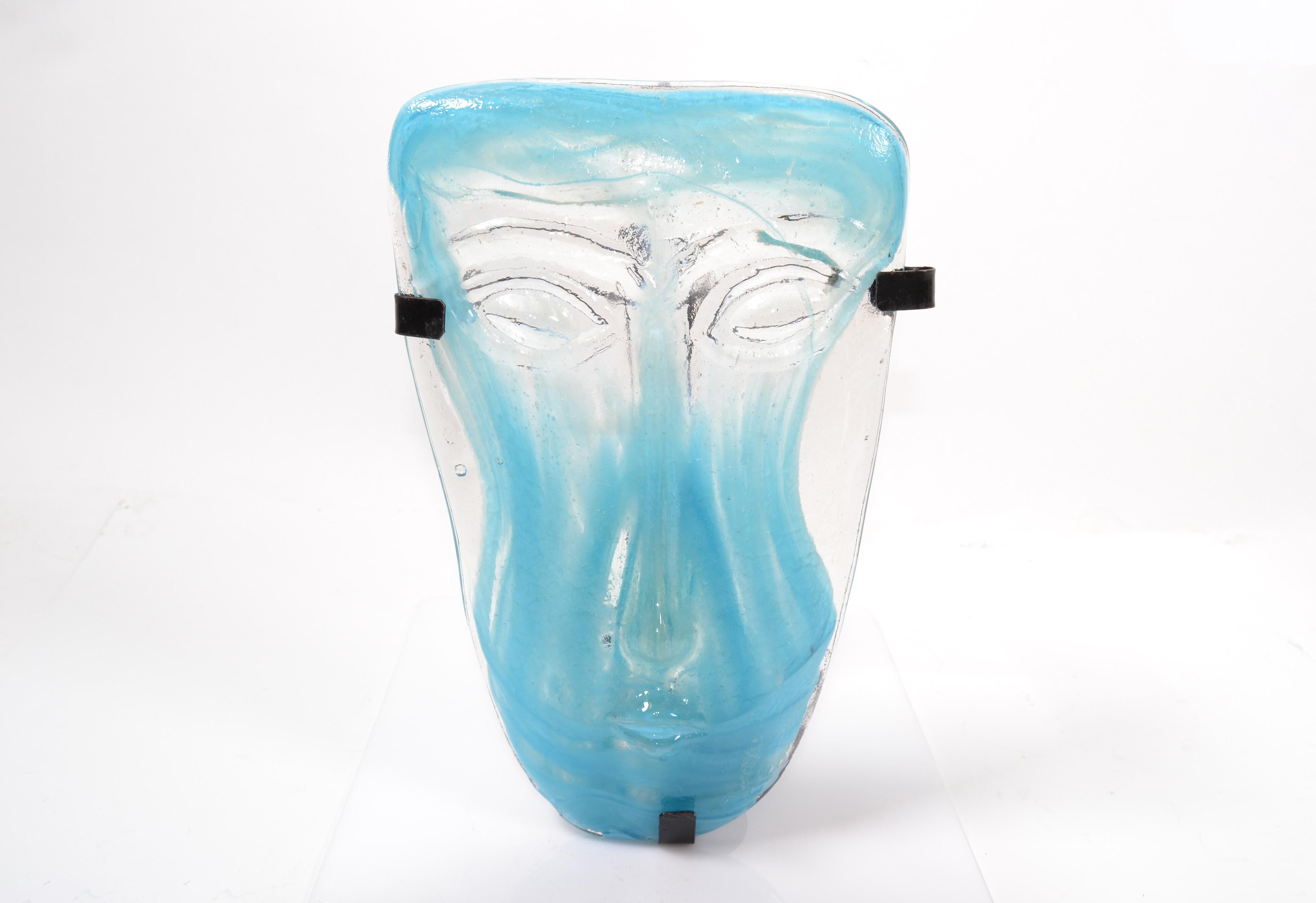 Folk Art Blown Turquoise Art Glass Face Masks Wall Mounted Candleholder México 2