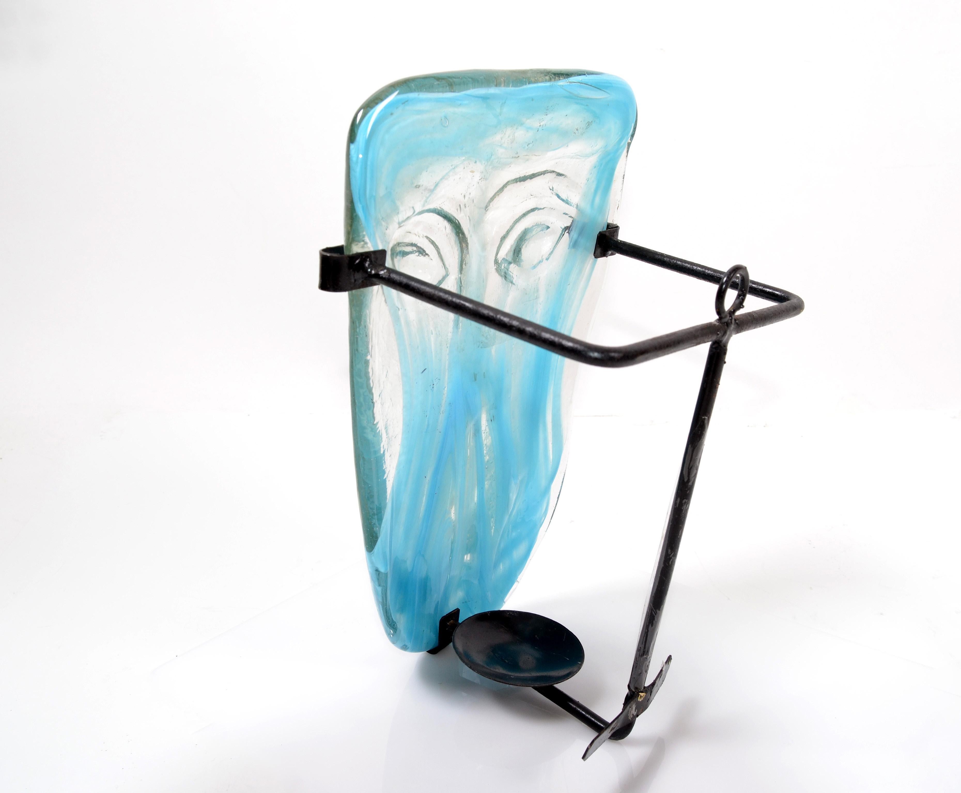 Mid-Century Modern Folk Art Blown Turquoise Art Glass Face Masks Wall Mounted Candleholder México