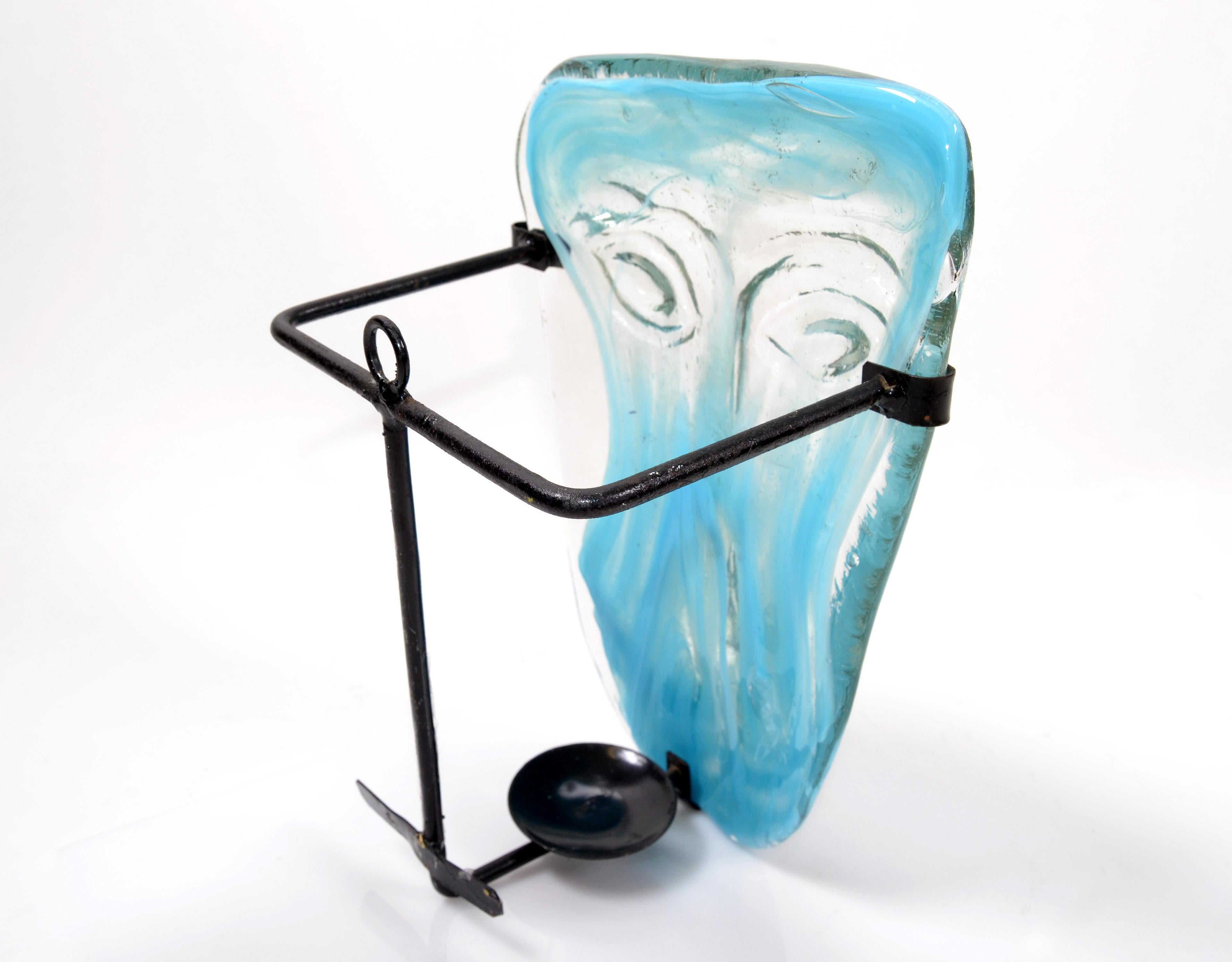 Folk Art Blown Turquoise Art Glass Face Masks Wall Mounted Candleholder México In Good Condition In Miami, FL