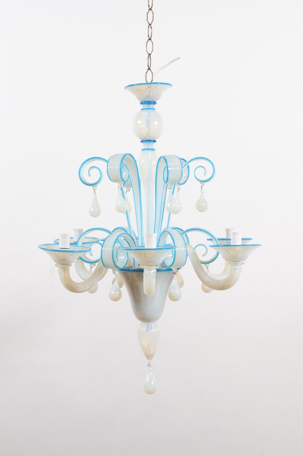 Lustre à 8 lumières en verre soufflé bleu vénitien, Italie 20e siècle en vente 3