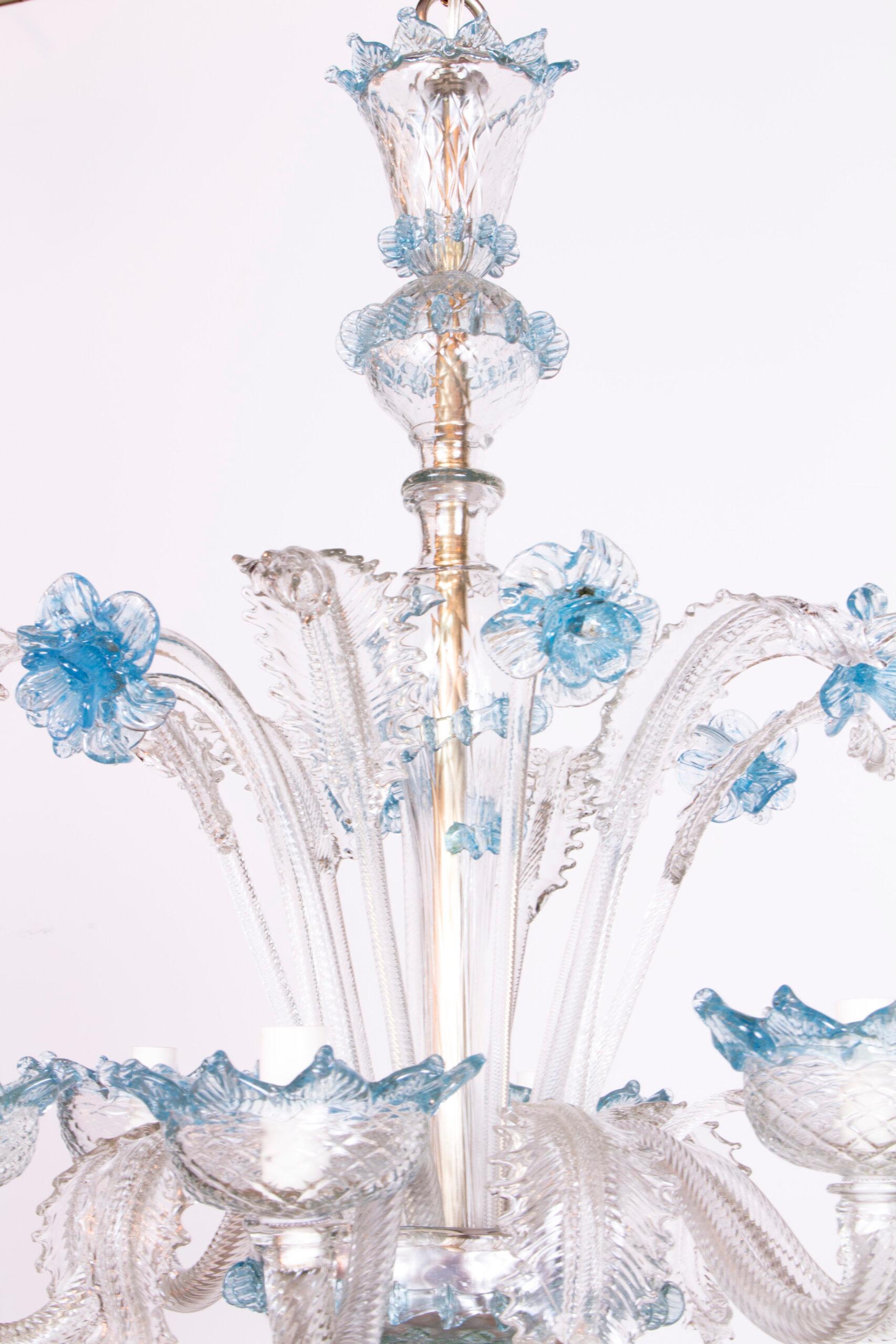Murano Chandelier, Made in Murano Italy, C. 1940. Fully restored and rewired. 

Condition Details: Has some professionally repaired glass pieces, in very good condition.  
Dimensions: 
Height: 34